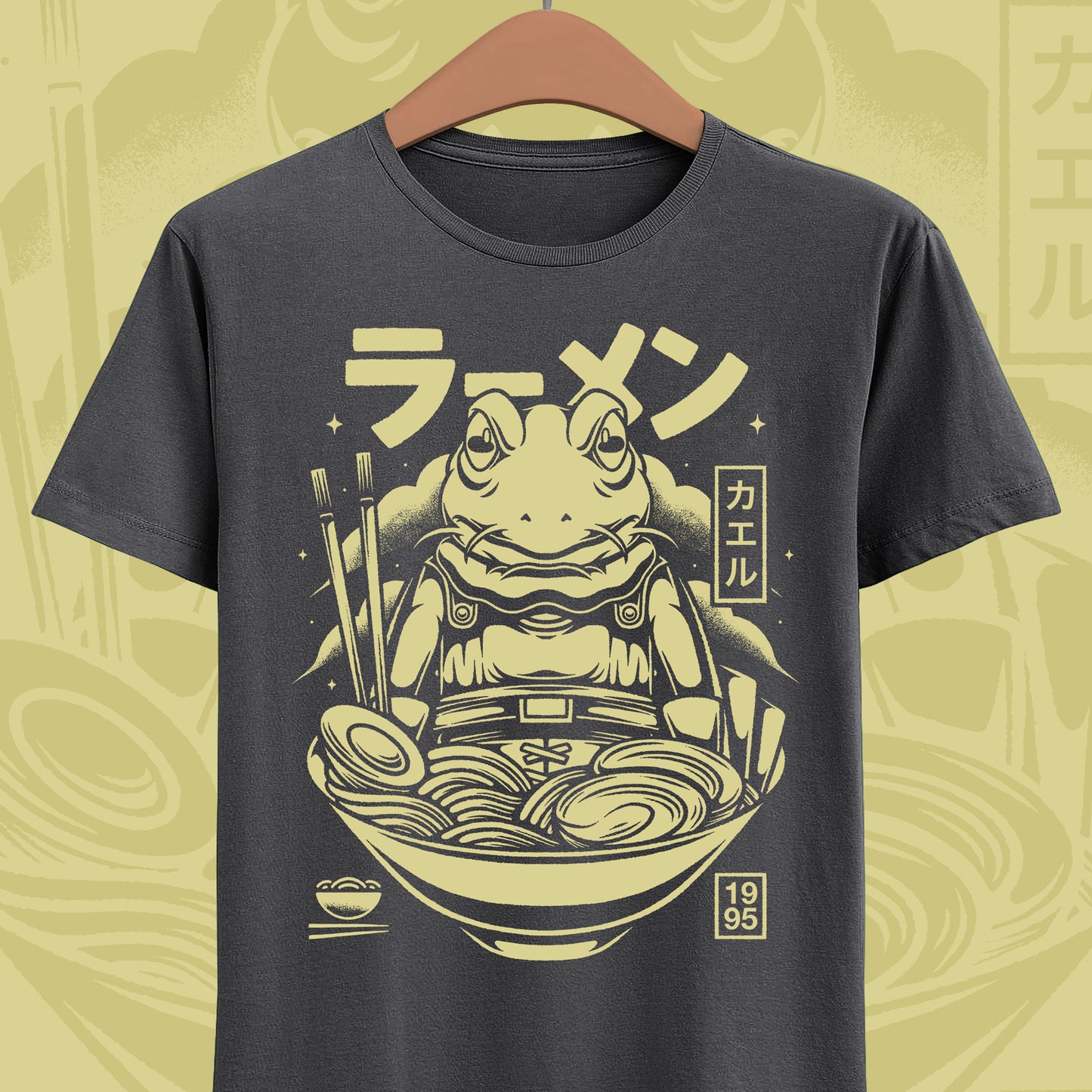 Chrono Trigger Glenn Frog Knight ramen t-shirt featuring Frog inside a Japanese ramen bowl.