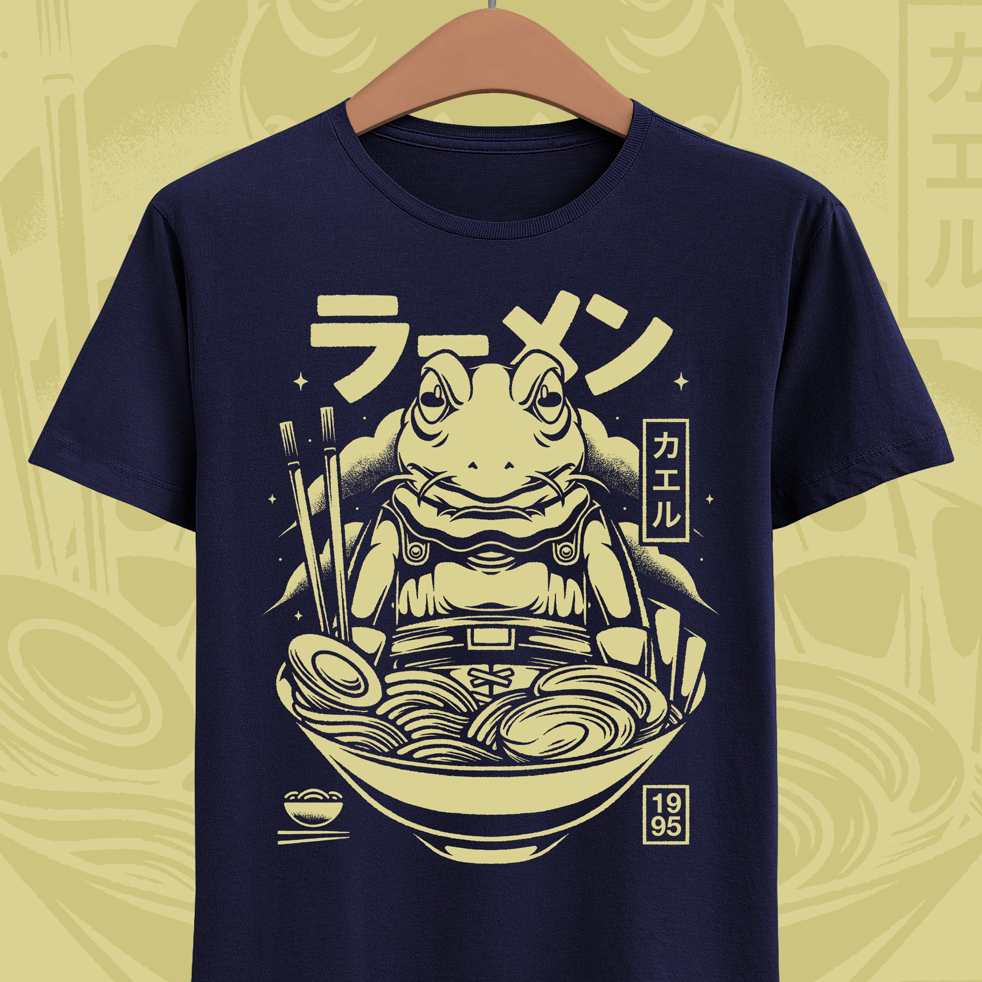 Chrono Trigger Glenn Frog Knight ramen t-shirt featuring Frog inside a Japanese ramen bowl.