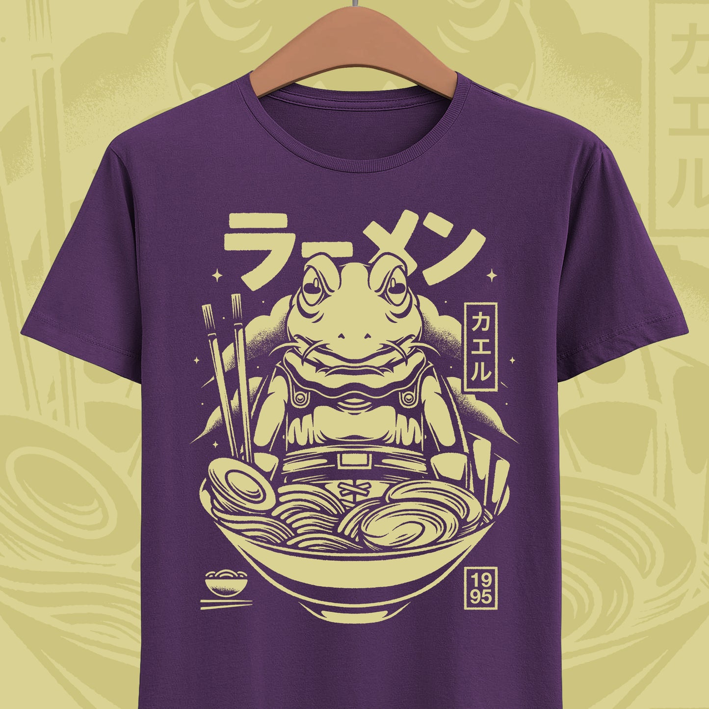 Chrono Trigger Glenn Frog Knight ramen t-shirt featuring Frog inside a Japanese ramen bowl.