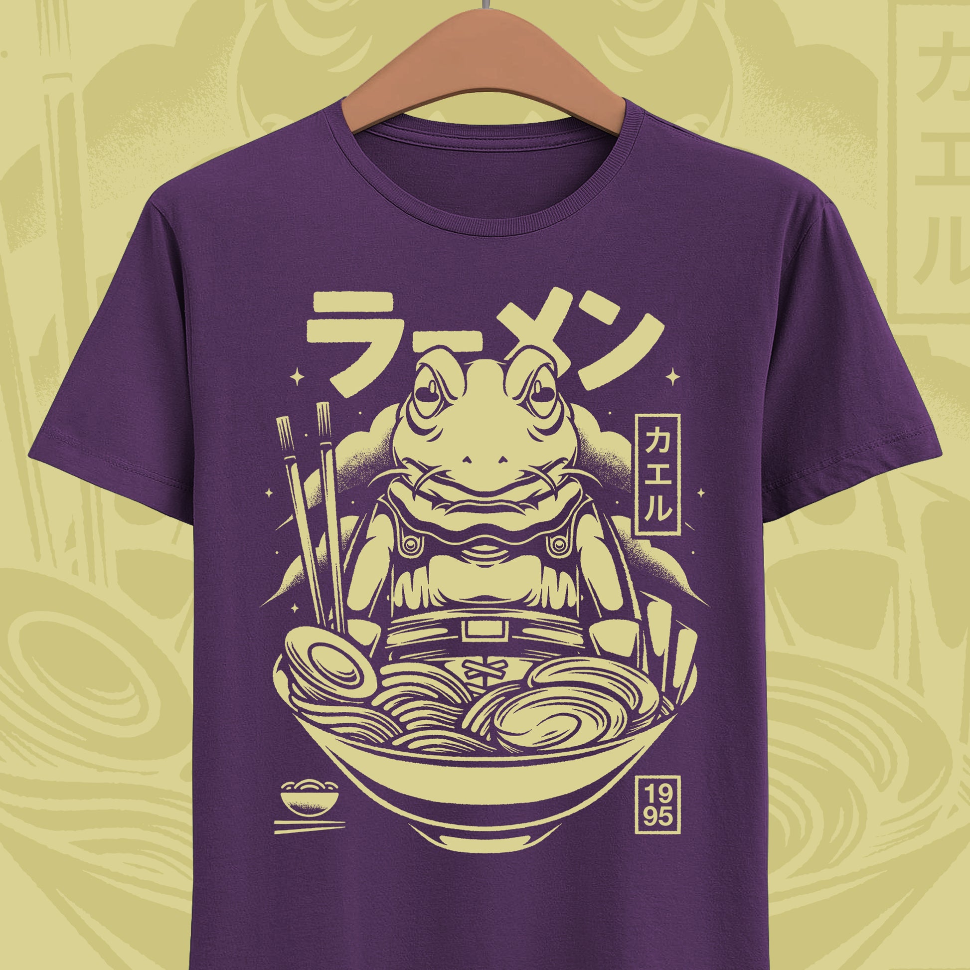 Chrono Trigger Glenn Frog Knight ramen t-shirt featuring Frog inside a Japanese ramen bowl.
