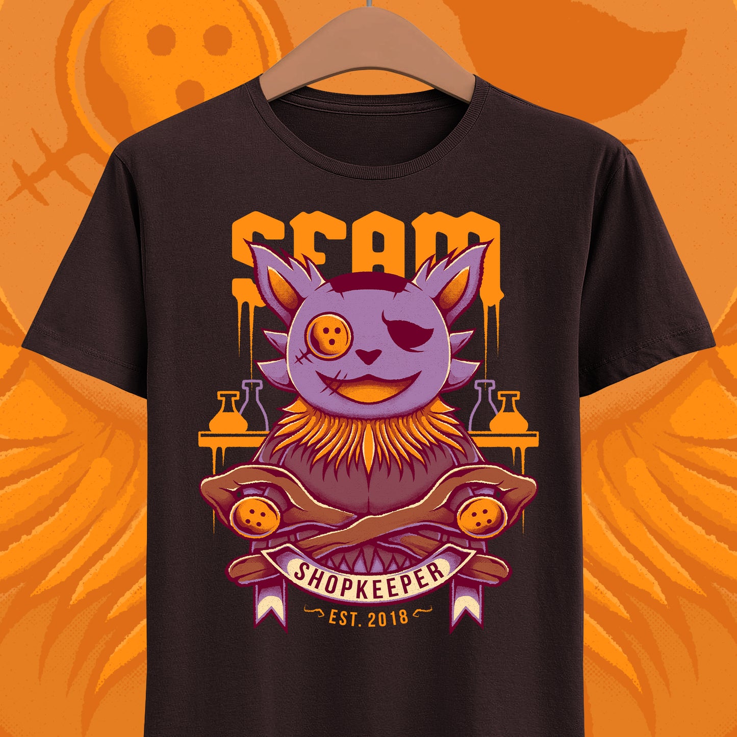 Deltarune Seam Shopkeeper Darkner t-shirt featuring the mysterious purple plush character and former Court Magician from Card Kingdom.
