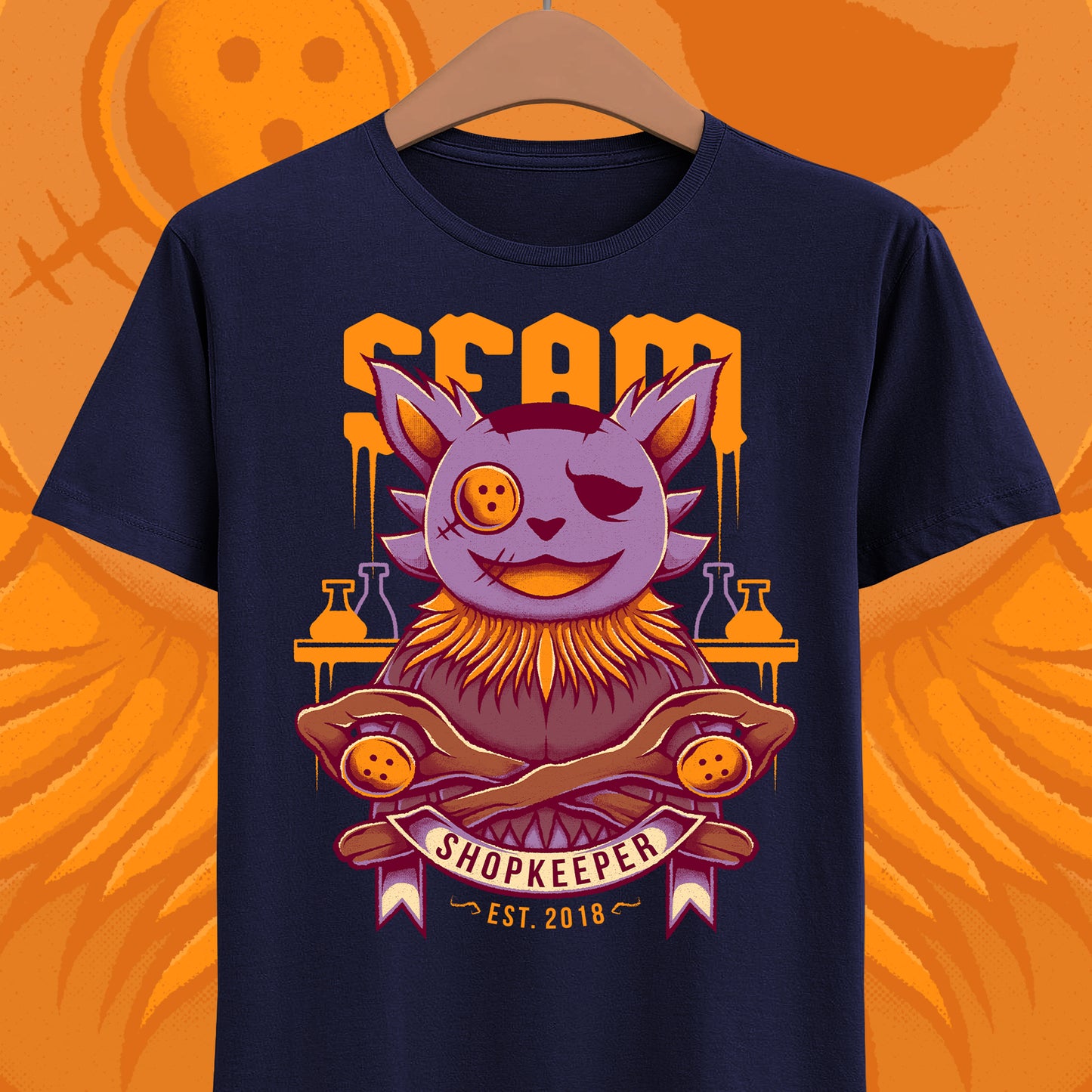 Deltarune Seam Shopkeeper Darkner t-shirt featuring the mysterious purple plush character and former Court Magician from Card Kingdom.