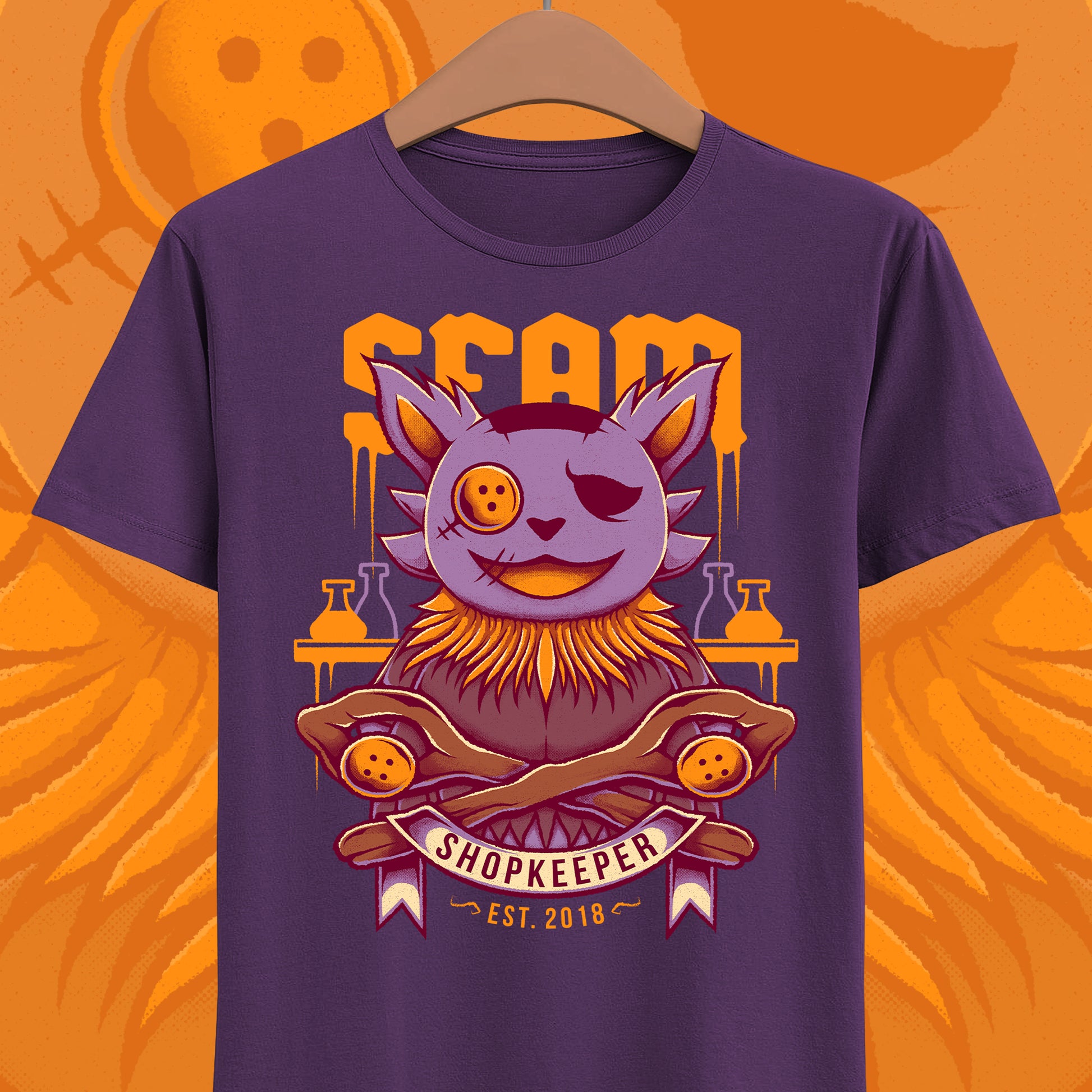 Deltarune Seam Shopkeeper Darkner t-shirt featuring the mysterious purple plush character and former Court Magician from Card Kingdom.