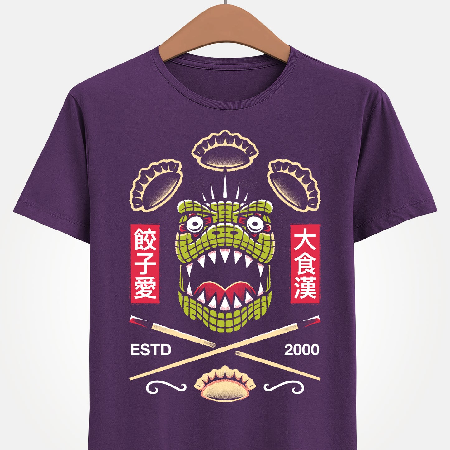 Kaiman Dorohedoro anime t-shirt featuring crossed Japanese chopsticks and gyozas in foodie anime streetwear style.
