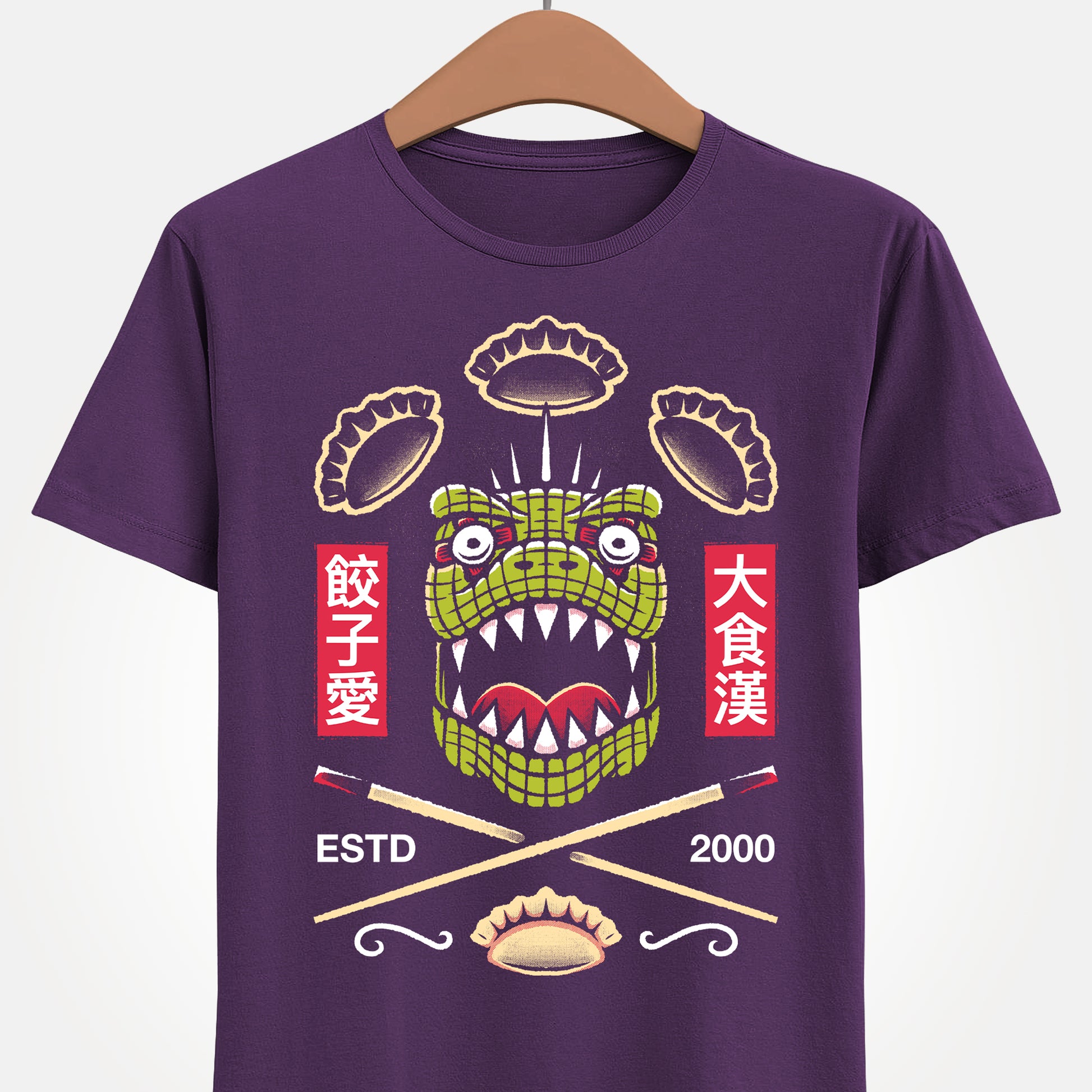 Kaiman Dorohedoro anime t-shirt featuring crossed Japanese chopsticks and gyozas in foodie anime streetwear style.