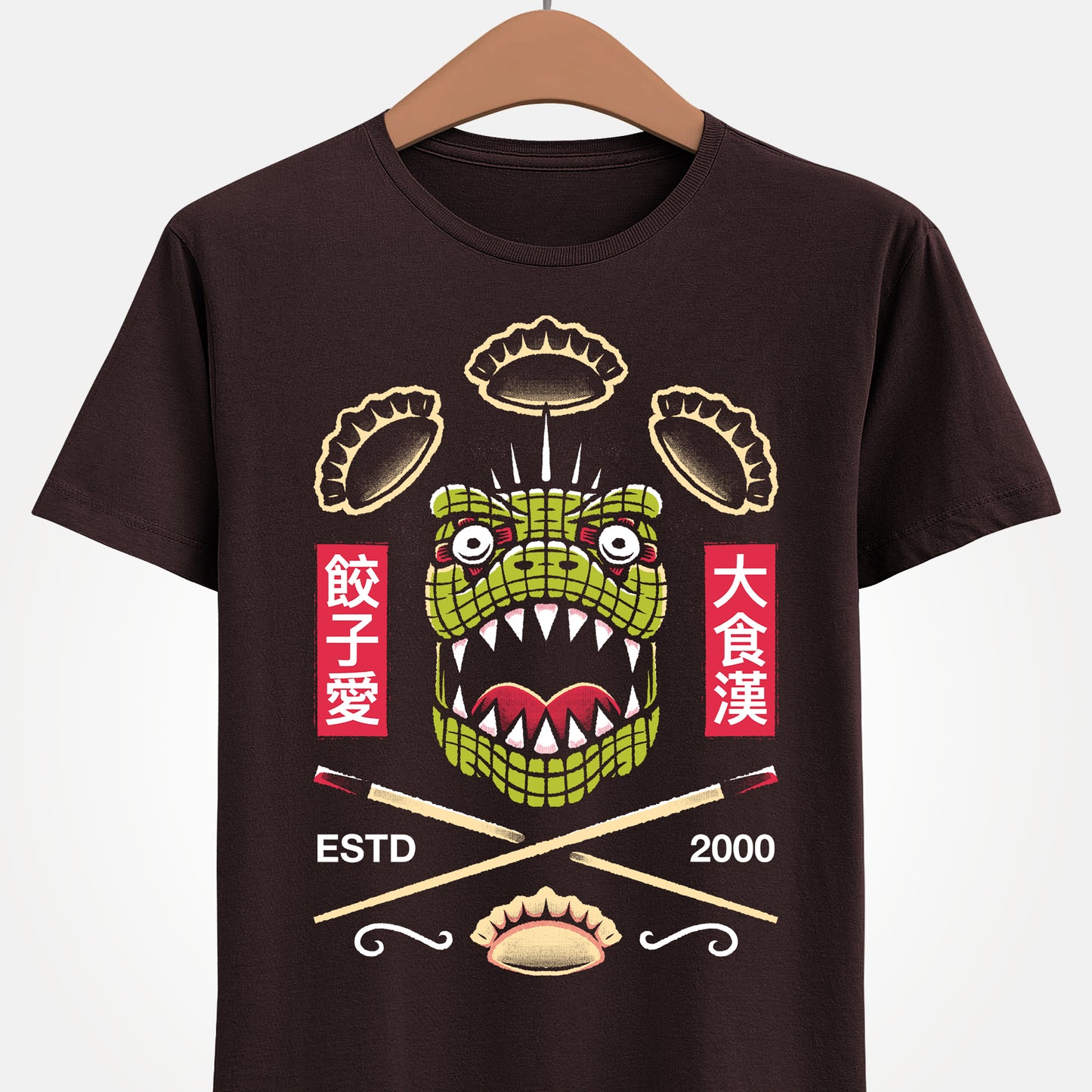 Kaiman Dorohedoro anime t-shirt featuring crossed Japanese chopsticks and gyozas in foodie anime streetwear style.