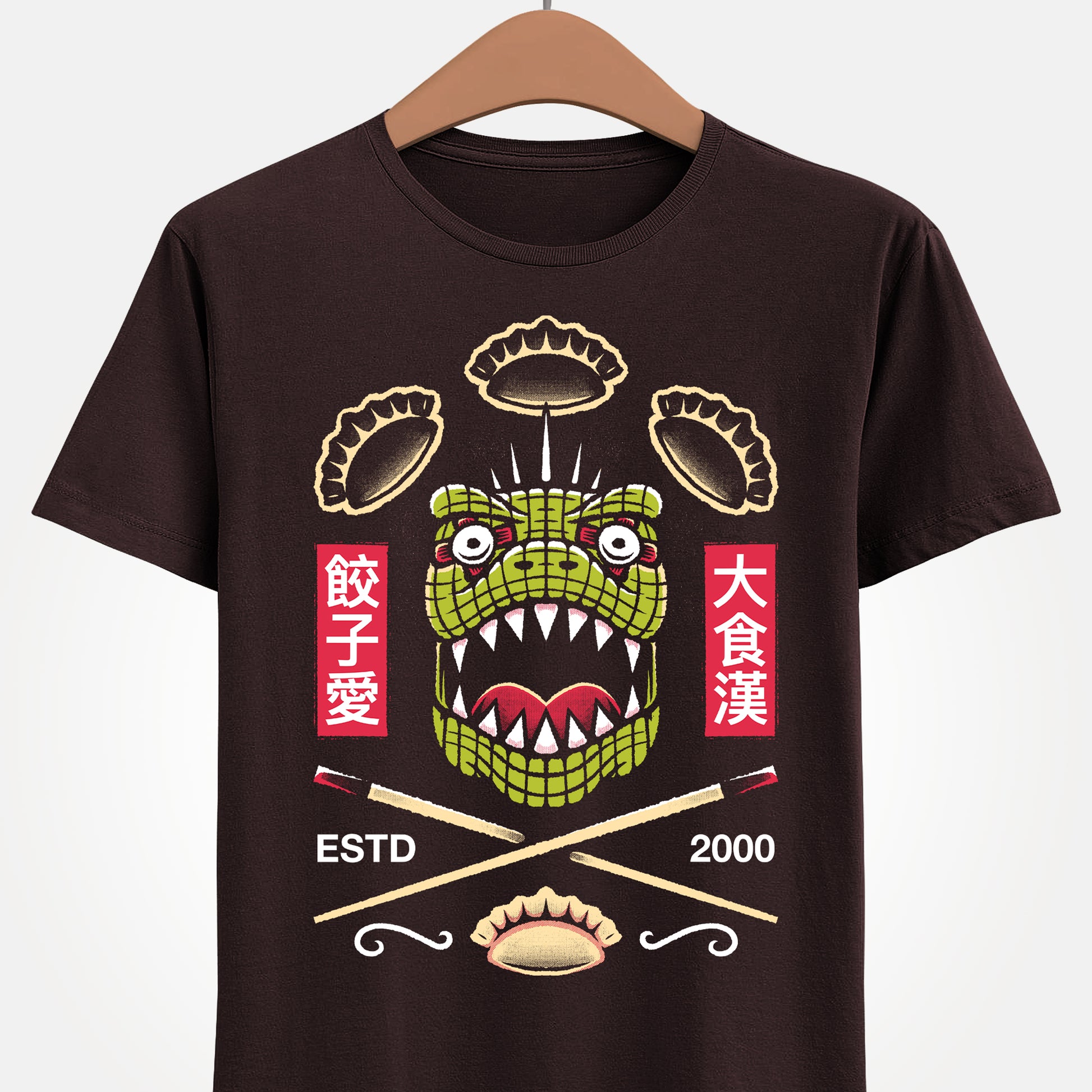 Kaiman Dorohedoro anime t-shirt featuring crossed Japanese chopsticks and gyozas in foodie anime streetwear style.