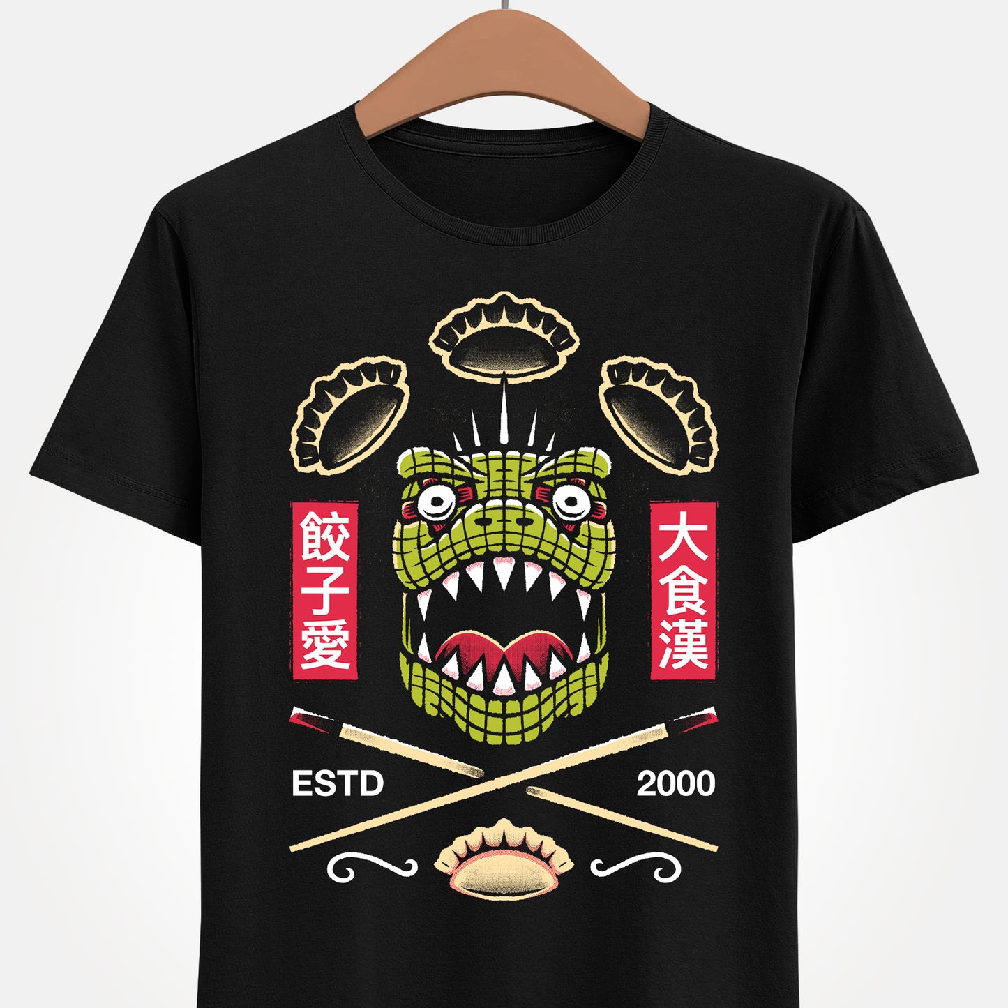 Kaiman Dorohedoro anime t-shirt featuring crossed Japanese chopsticks and gyozas in foodie anime streetwear style.