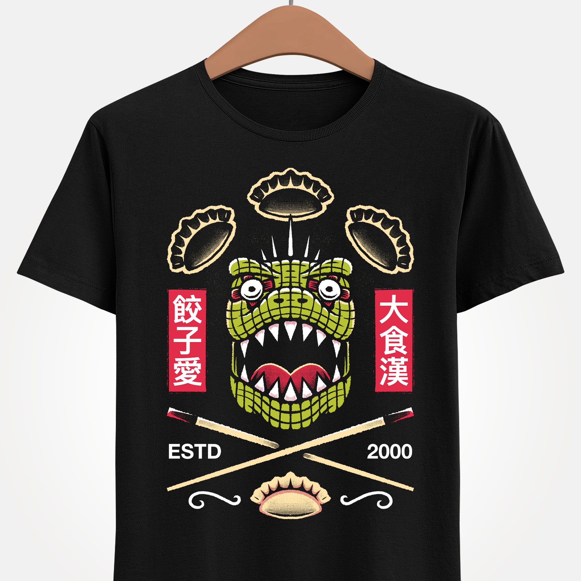 Kaiman Dorohedoro anime t-shirt featuring crossed Japanese chopsticks and gyozas in foodie anime streetwear style.