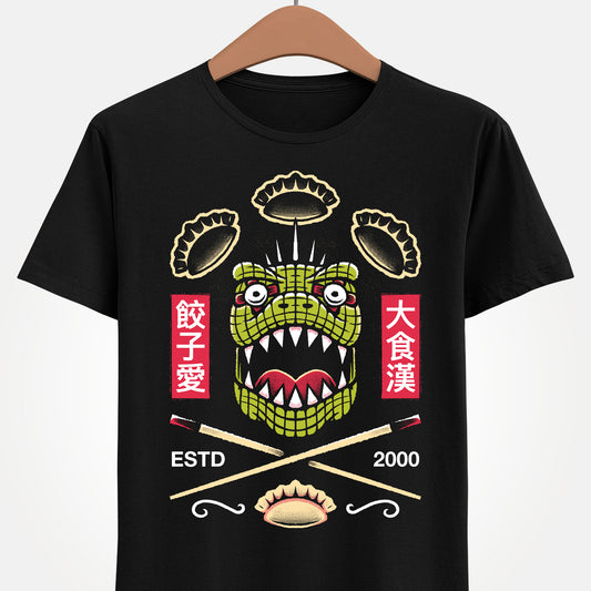 Kaiman Dorohedoro anime t-shirt featuring crossed Japanese chopsticks and gyozas in foodie anime streetwear style.