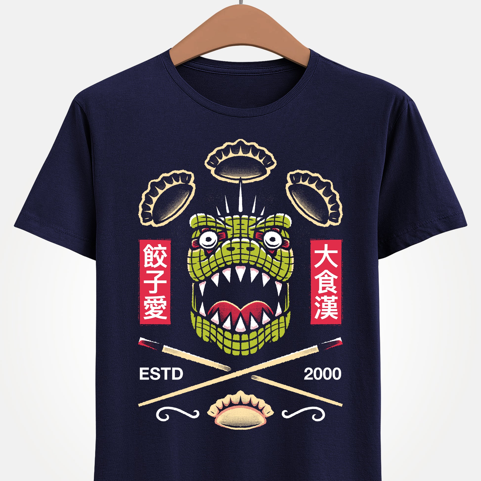 Kaiman Dorohedoro anime t-shirt featuring crossed Japanese chopsticks and gyozas in foodie anime streetwear style.