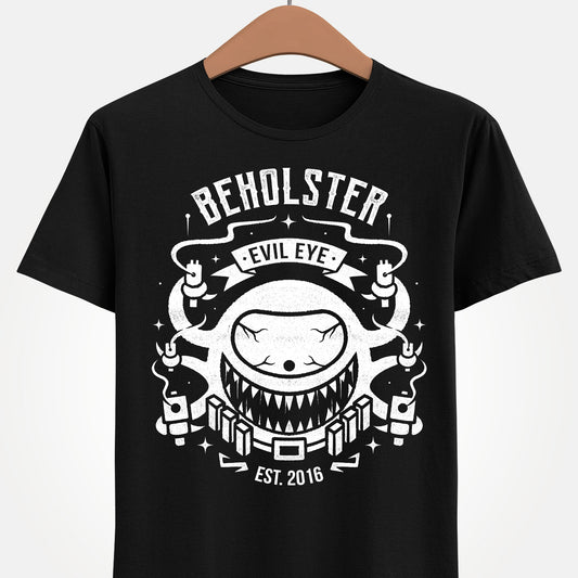 Enter the Gungeon Beholster boss t-shirt featuring the giant one-eyed Sphere of Many Guns and his six signature weapons from Gungeon Proper.
