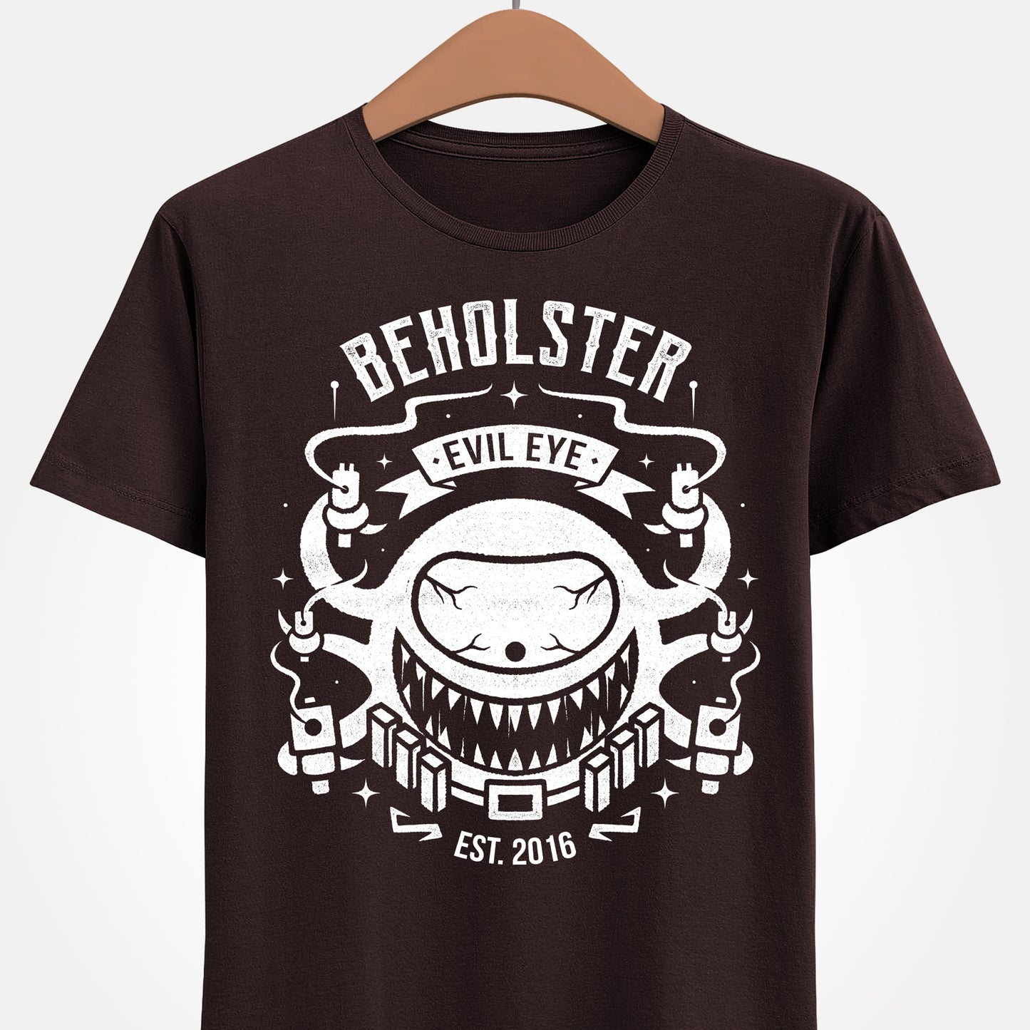 Enter the Gungeon Beholster boss t-shirt featuring the giant one-eyed Sphere of Many Guns and his six signature weapons from Gungeon Proper.