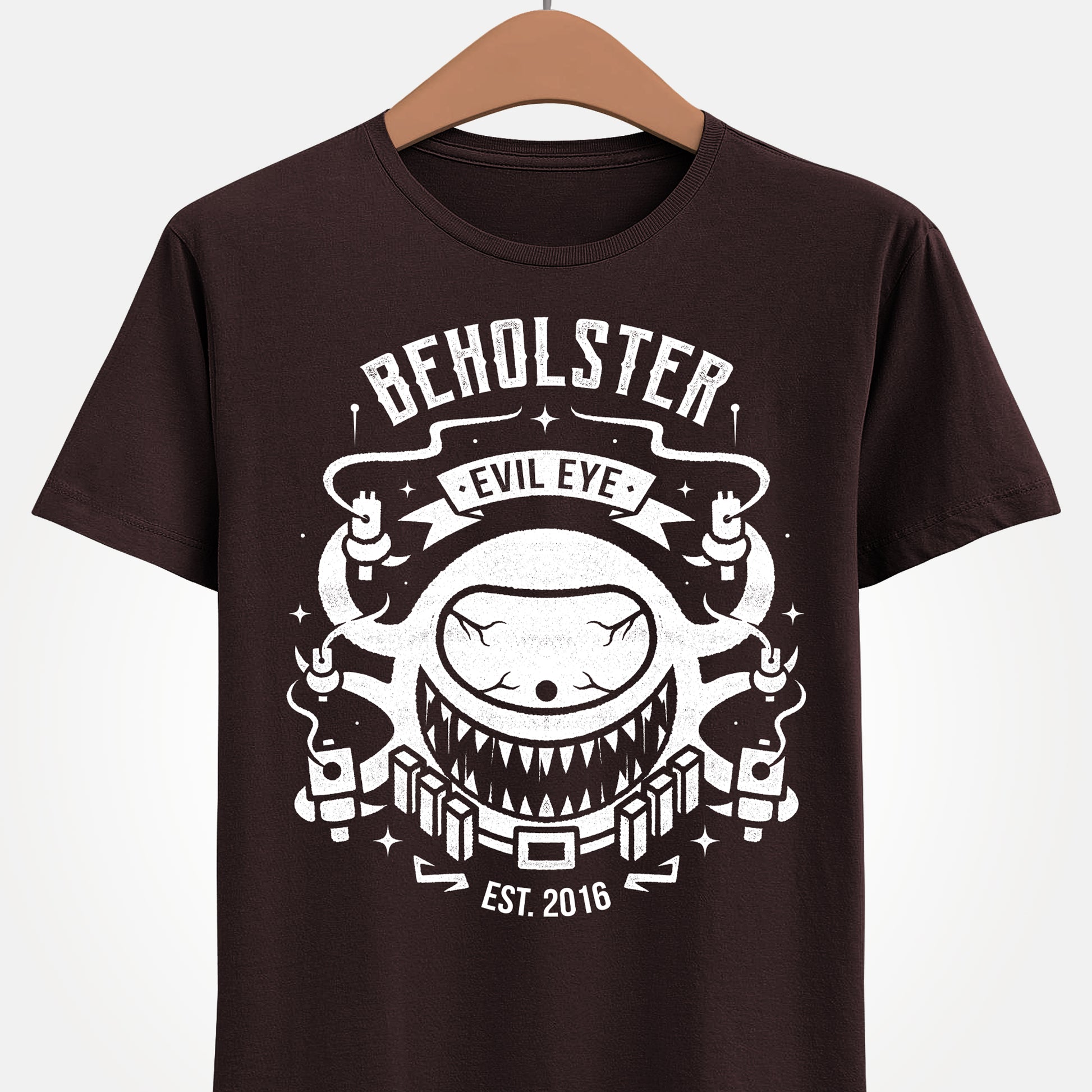 Enter the Gungeon Beholster boss t-shirt featuring the giant one-eyed Sphere of Many Guns and his six signature weapons from Gungeon Proper.
