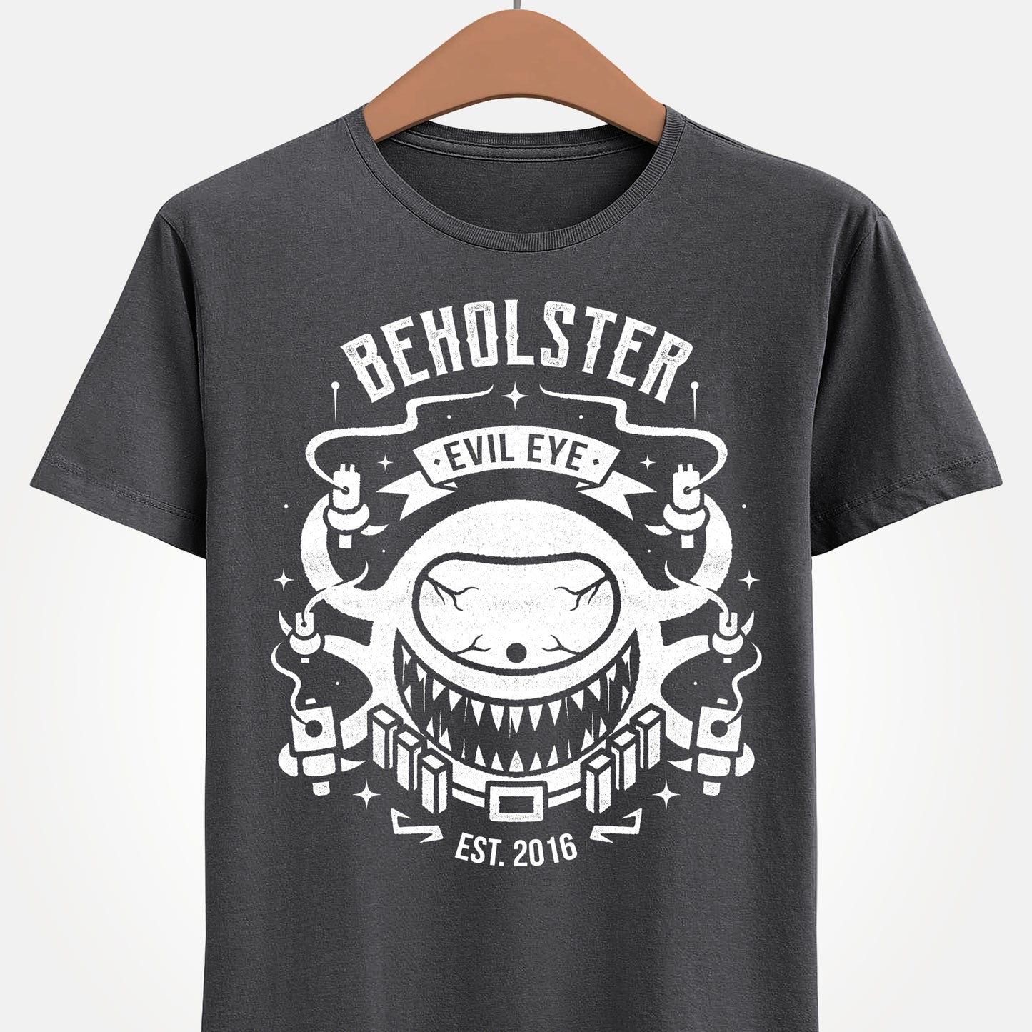 Enter the Gungeon Beholster boss t-shirt featuring the giant one-eyed Sphere of Many Guns and his six signature weapons from Gungeon Proper.