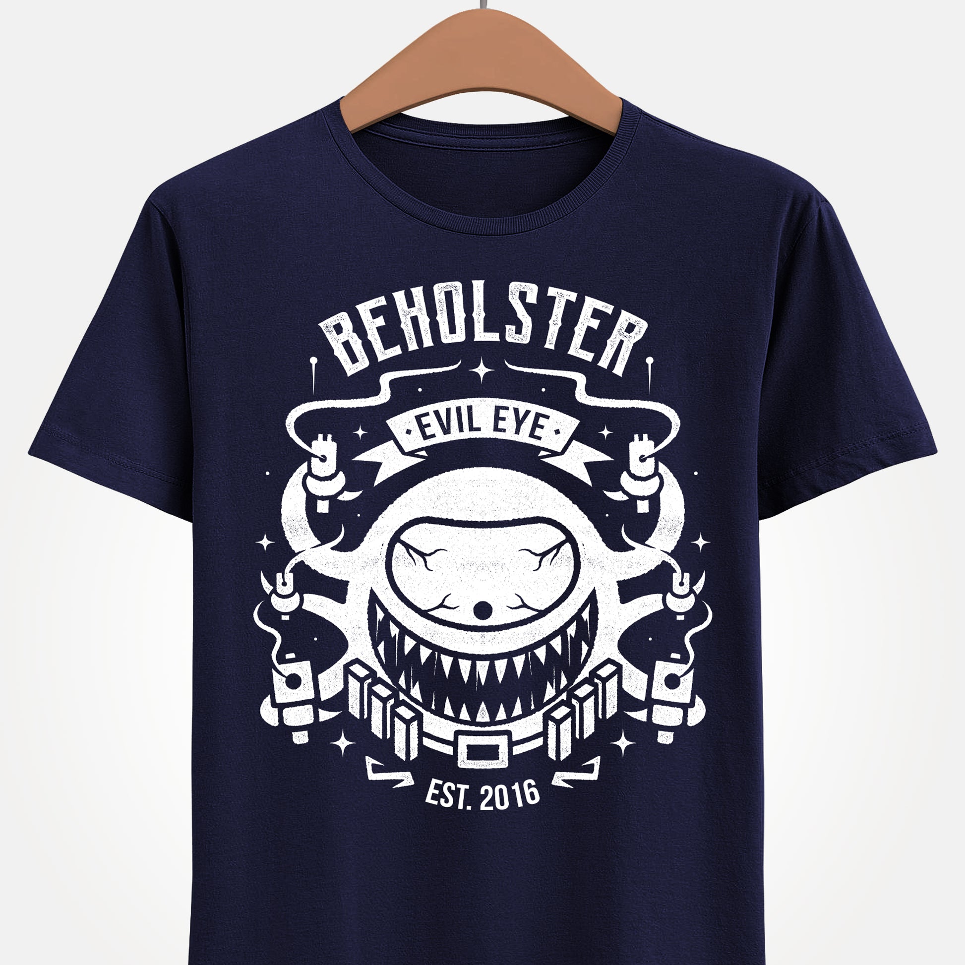 Enter the Gungeon Beholster boss t-shirt featuring the giant one-eyed Sphere of Many Guns and his six signature weapons from Gungeon Proper.