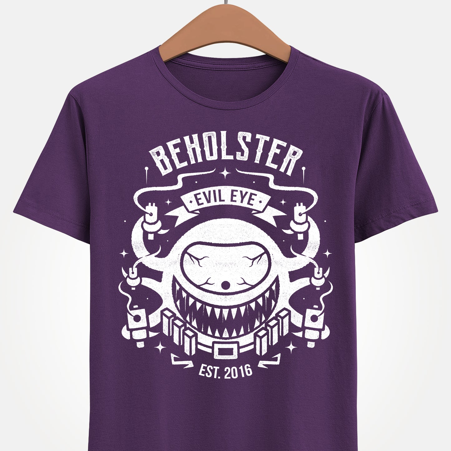 Enter the Gungeon Beholster boss t-shirt featuring the giant one-eyed Sphere of Many Guns and his six signature weapons from Gungeon Proper.