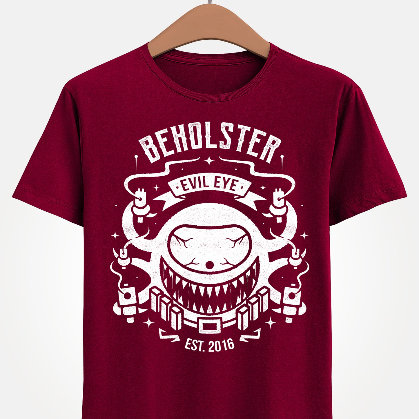 Enter the Gungeon Beholster boss t-shirt featuring the giant one-eyed Sphere of Many Guns and his six signature weapons from Gungeon Proper.