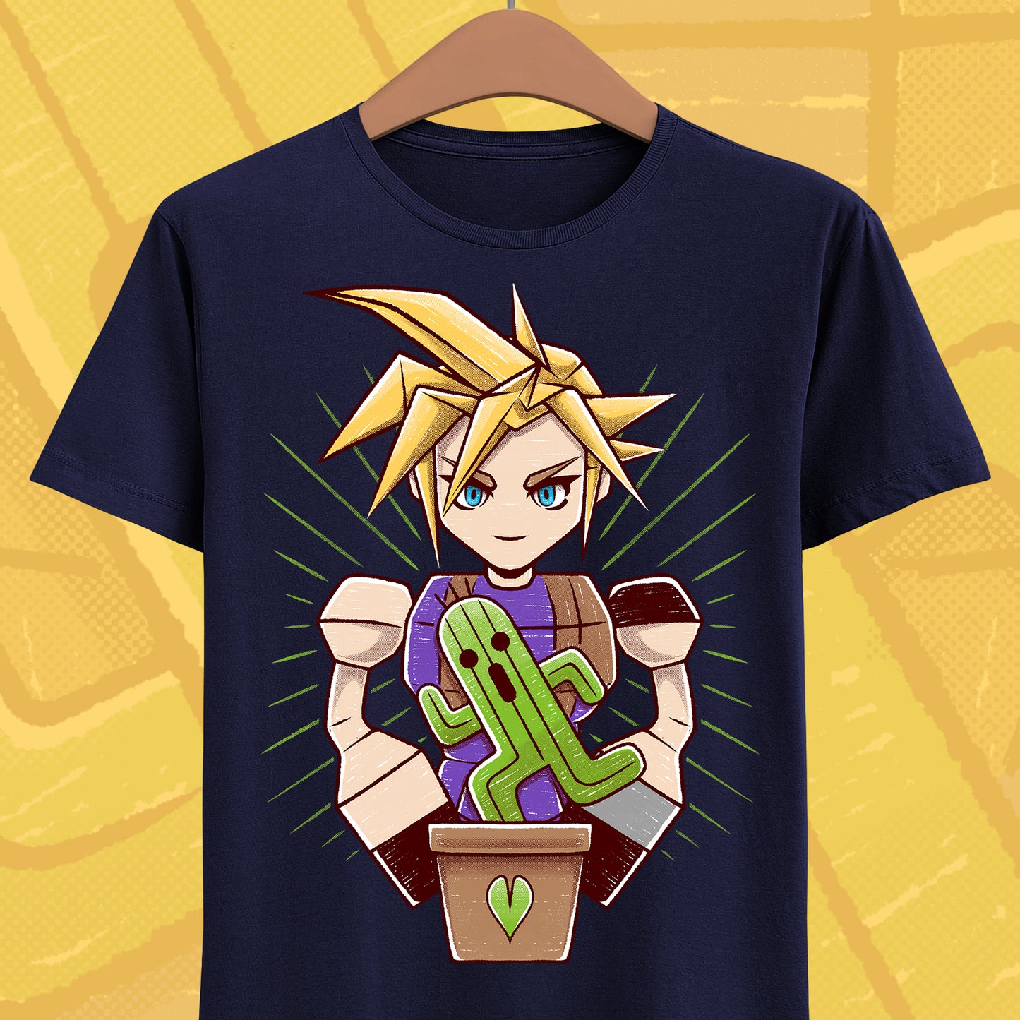 Final Fantasy VII t-shirt featuring Cloud Strife caring for a garden of Cactuars inspired by the legendary 10,000 Needles attack.