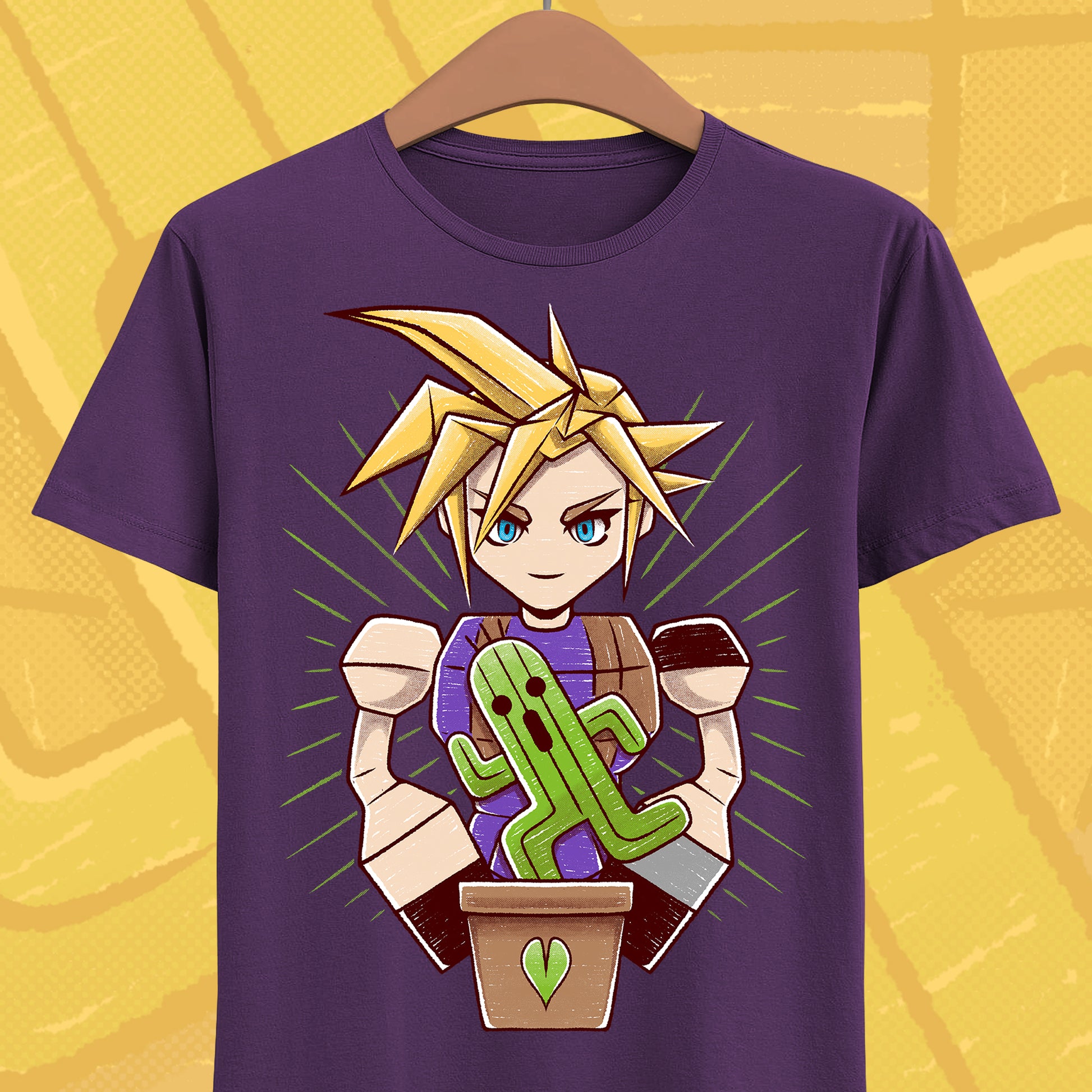 Final Fantasy VII t-shirt featuring Cloud Strife caring for a garden of Cactuars inspired by the legendary 10,000 Needles attack.