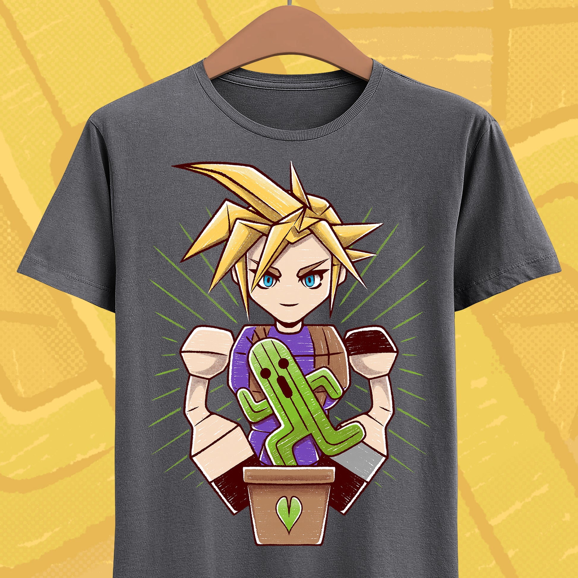 Final Fantasy VII t-shirt featuring Cloud Strife caring for a garden of Cactuars inspired by the legendary 10,000 Needles attack.