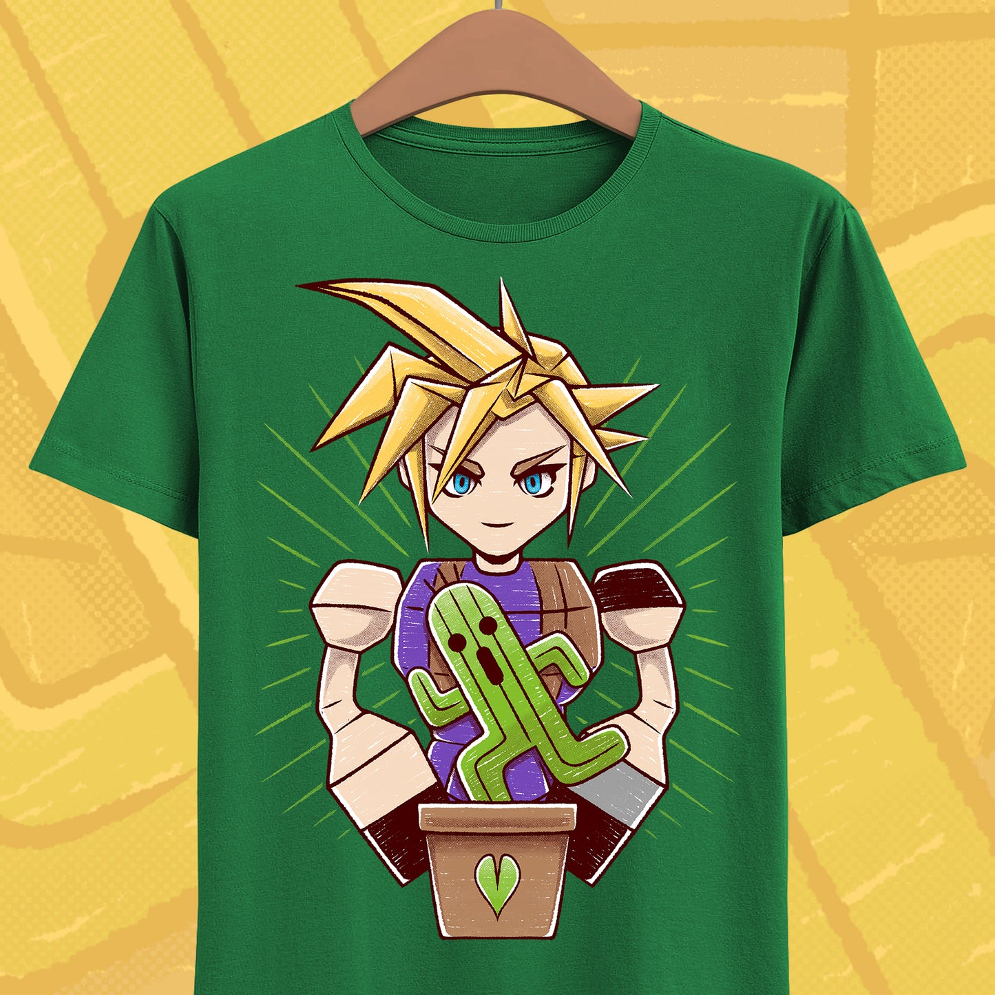 Final Fantasy VII t-shirt featuring Cloud Strife caring for a garden of Cactuars inspired by the legendary 10,000 Needles attack.