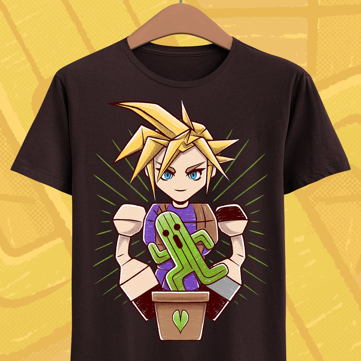 Final Fantasy VII t-shirt featuring Cloud Strife caring for a garden of Cactuars inspired by the legendary 10,000 Needles attack.