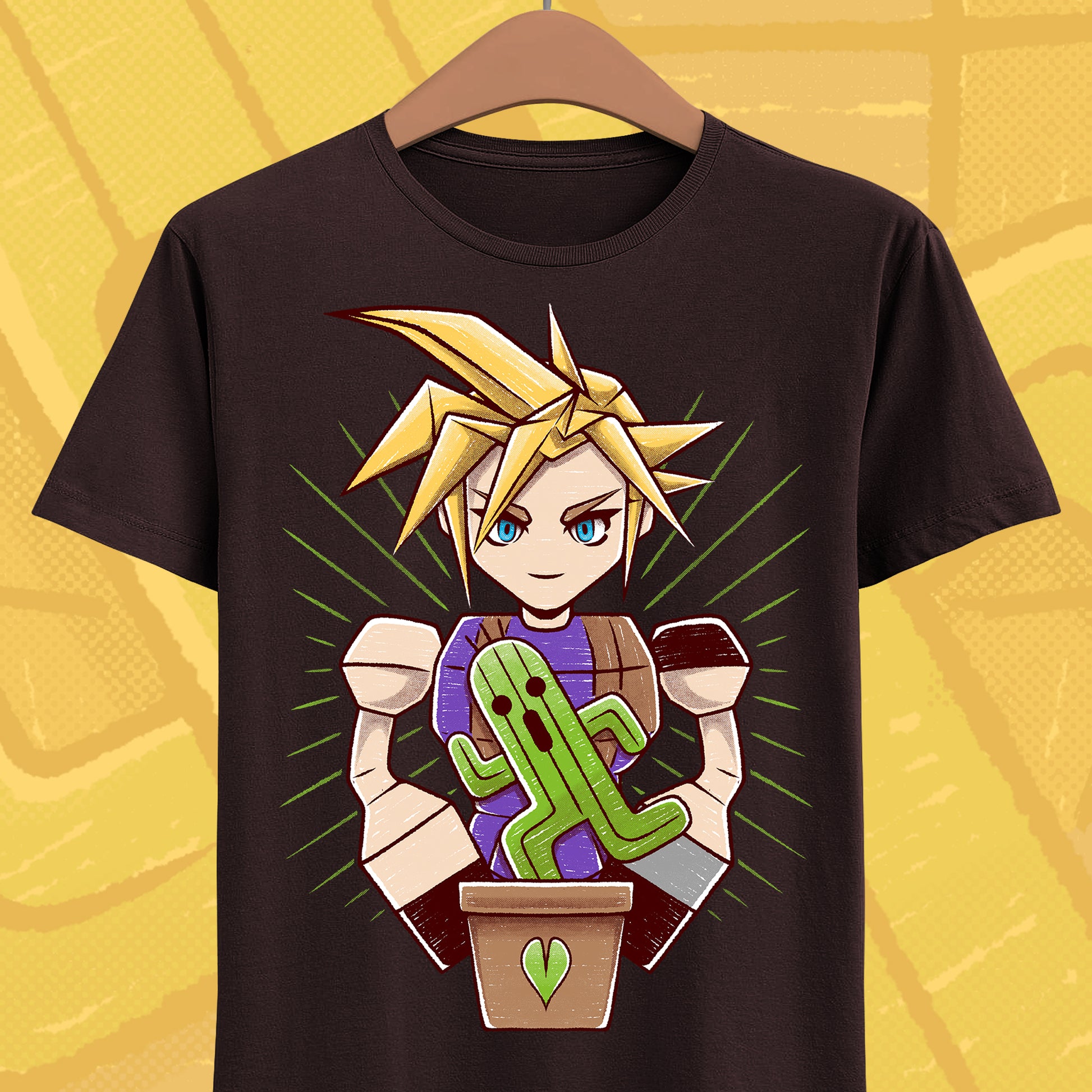 Final Fantasy VII t-shirt featuring Cloud Strife caring for a garden of Cactuars inspired by the legendary 10,000 Needles attack.