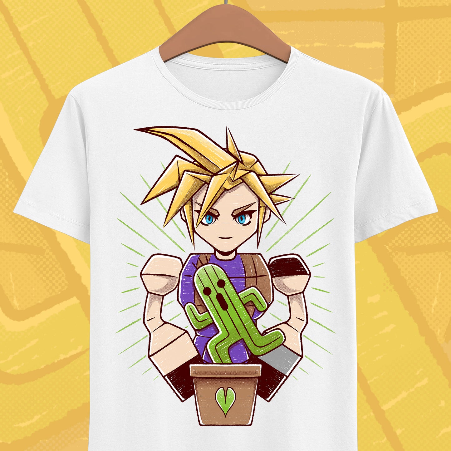 Final Fantasy VII t-shirt featuring Cloud Strife caring for a garden of Cactuars inspired by the legendary 10,000 Needles attack.