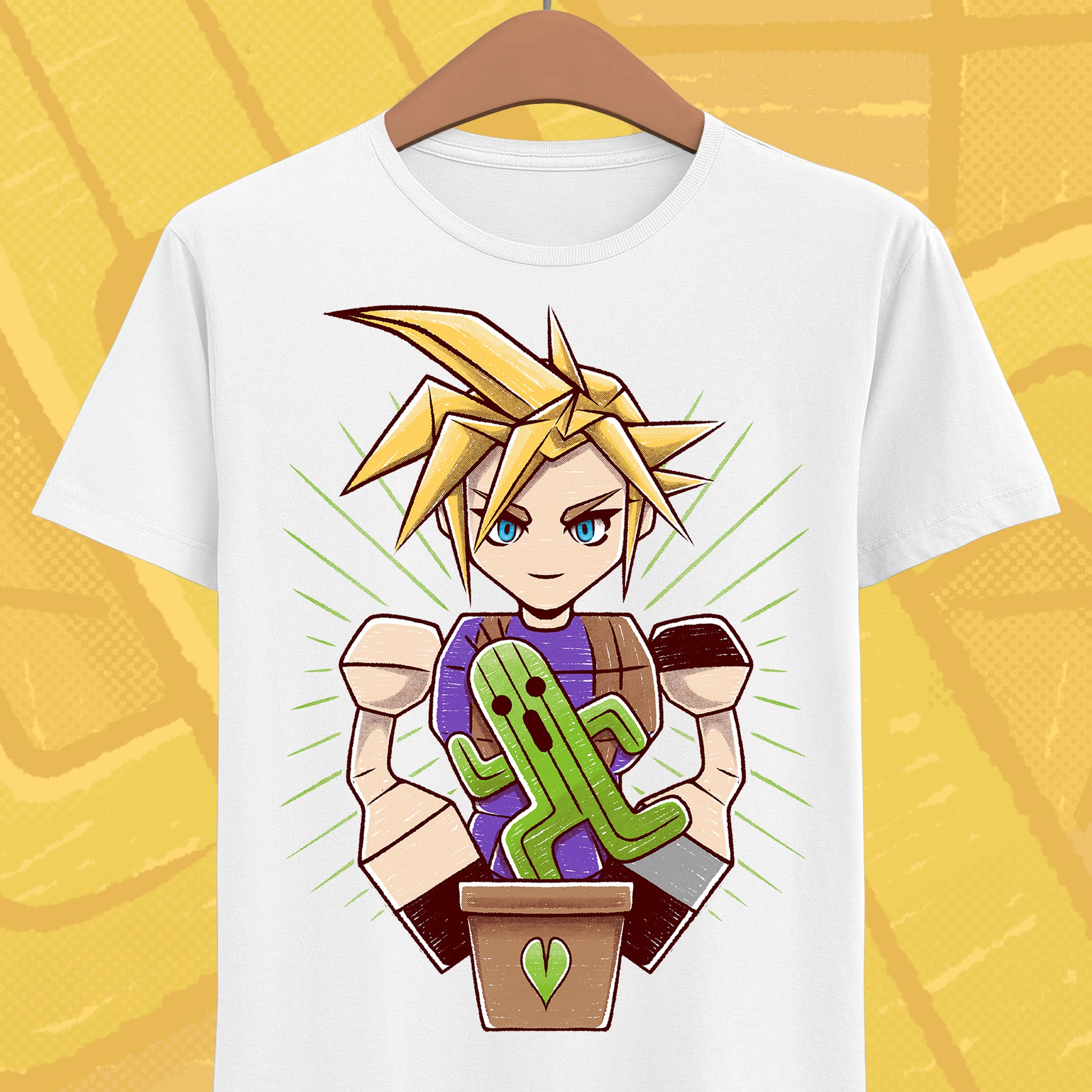 Final Fantasy VII t-shirt featuring Cloud Strife caring for a garden of Cactuars inspired by the legendary 10,000 Needles attack.