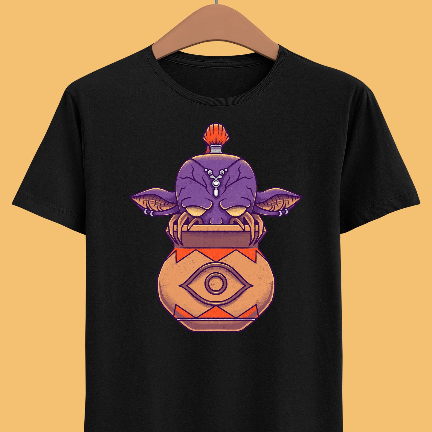 Final Fantasy XIV Magic Pot t-shirt featuring the iconic pot creature and Gimme an Elixir reference inspired by the recurring Final Fantasy enemy.