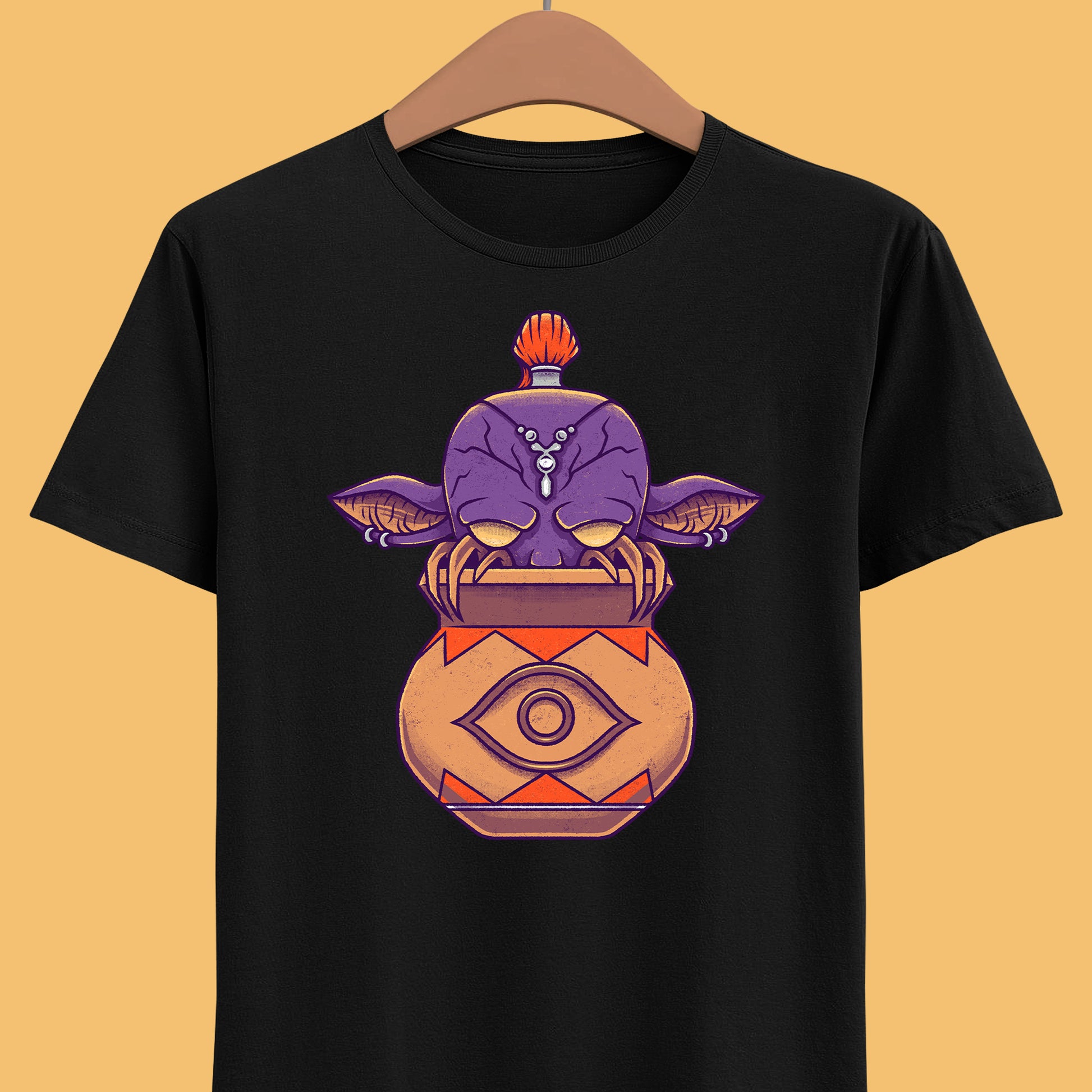 Final Fantasy XIV Magic Pot t-shirt featuring the iconic pot creature and Gimme an Elixir reference inspired by the recurring Final Fantasy enemy.
