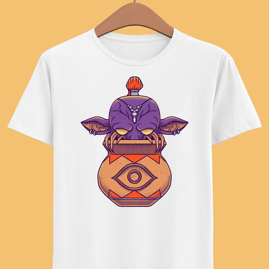 Final Fantasy XIV Magic Pot t-shirt featuring the iconic pot creature and Gimme an Elixir reference inspired by the recurring Final Fantasy enemy.
