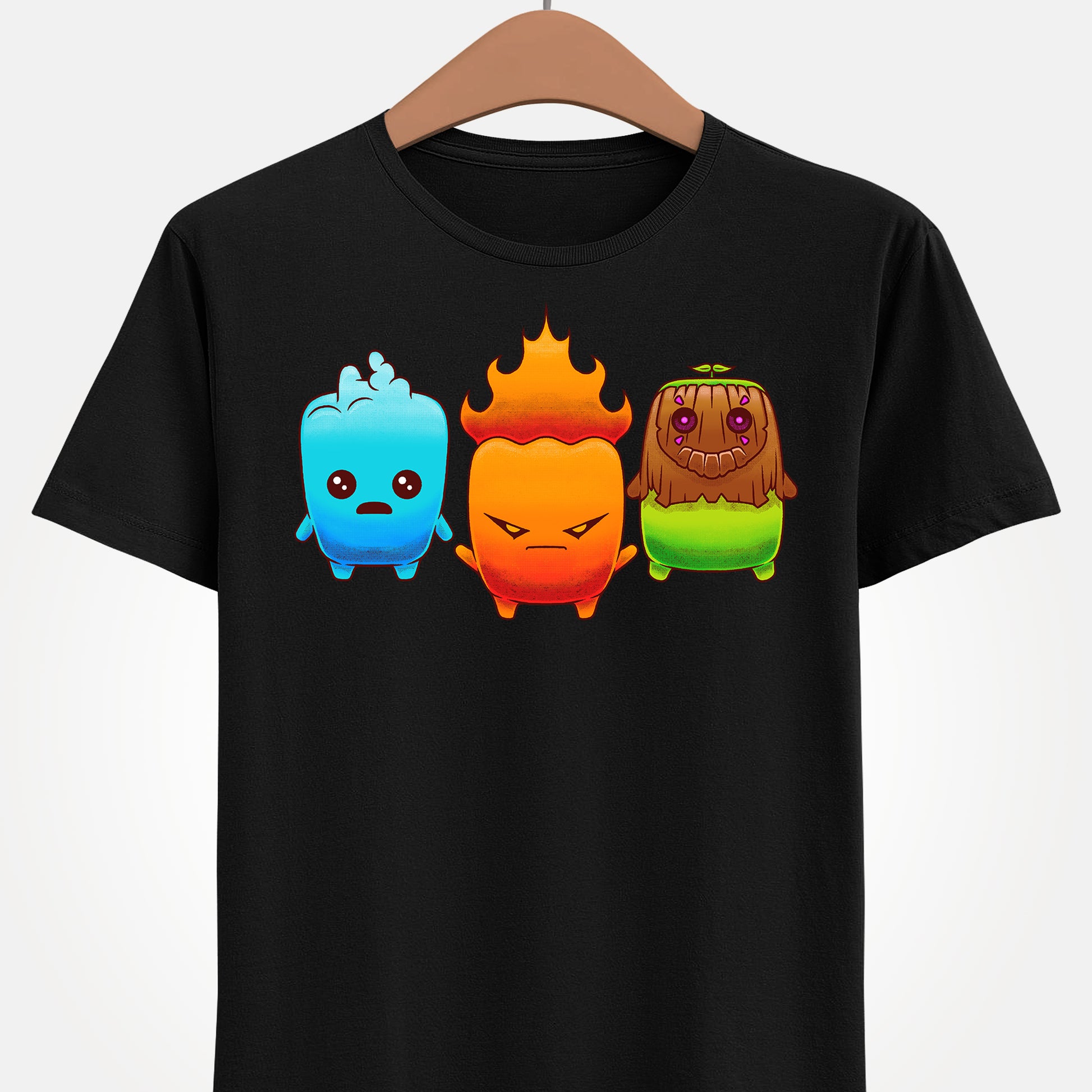 Fortnite Battle Royale t-shirt featuring the Fire Sprite, Water Sprite and Earth Sprite from Chapter 7 Season 3 Runners in a cute elemental spirit design.