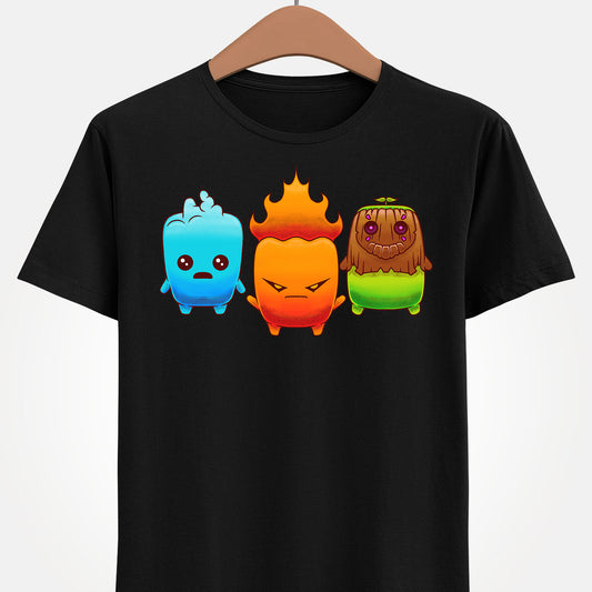 Fortnite Battle Royale t-shirt featuring the Fire Sprite, Water Sprite and Earth Sprite from Chapter 7 Season 3 Runners in a cute elemental spirit design.