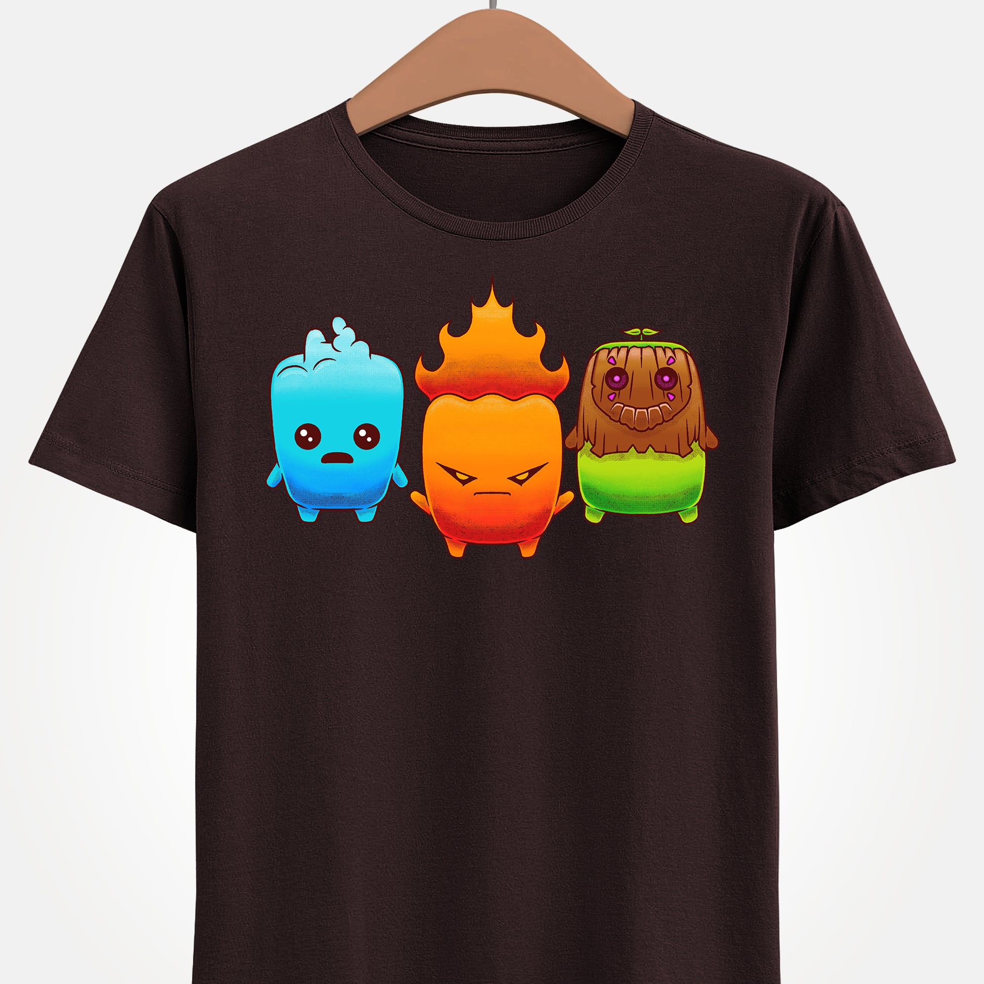 Fortnite Battle Royale t-shirt featuring the Fire Sprite, Water Sprite and Earth Sprite from Chapter 7 Season 3 Runners in a cute elemental spirit design.