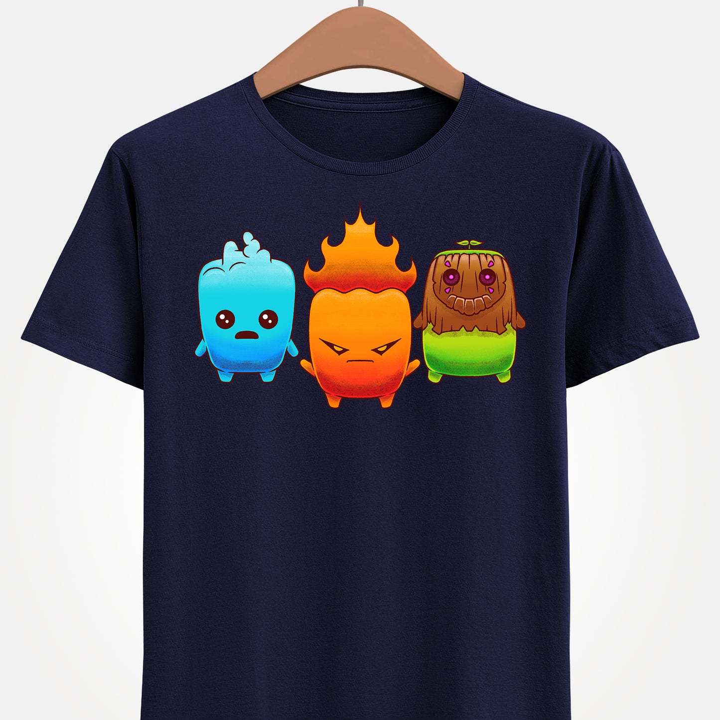 Fortnite Battle Royale t-shirt featuring the Fire Sprite, Water Sprite and Earth Sprite from Chapter 7 Season 3 Runners in a cute elemental spirit design.