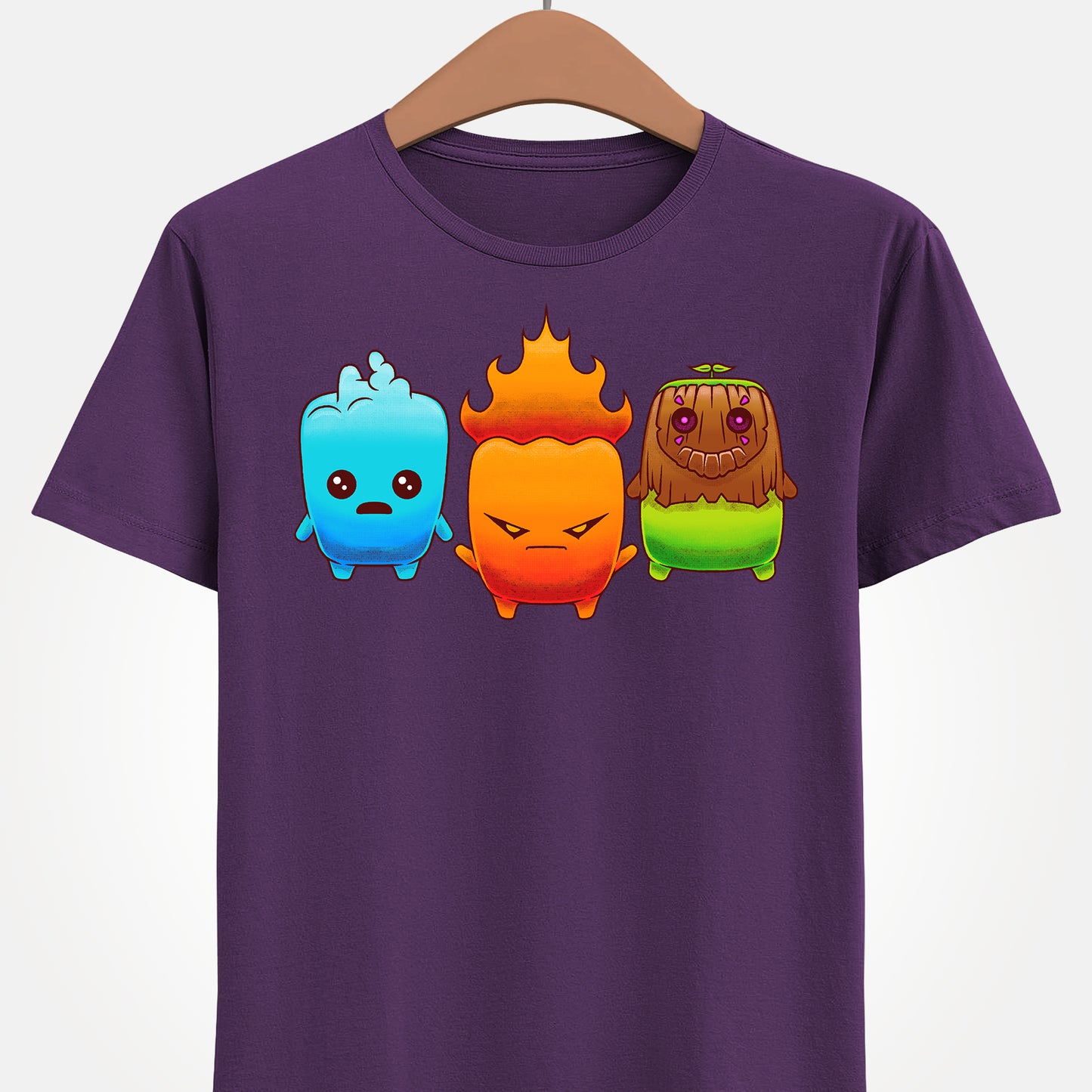 Fortnite Battle Royale t-shirt featuring the Fire Sprite, Water Sprite and Earth Sprite from Chapter 7 Season 3 Runners in a cute elemental spirit design.