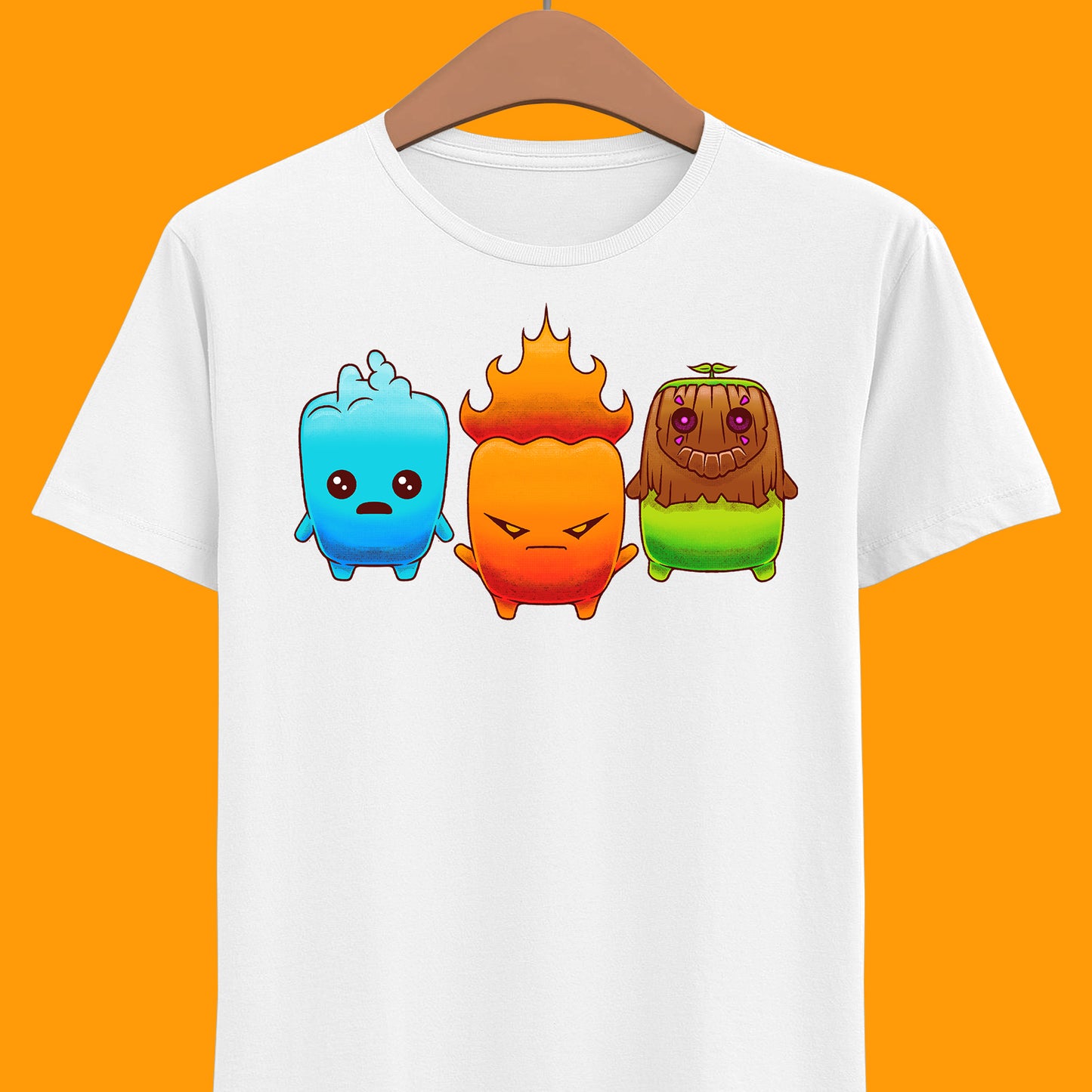 Fortnite Battle Royale t-shirt featuring the Fire Sprite, Water Sprite and Earth Sprite from Chapter 7 Season 3 Runners in a cute elemental spirit design.