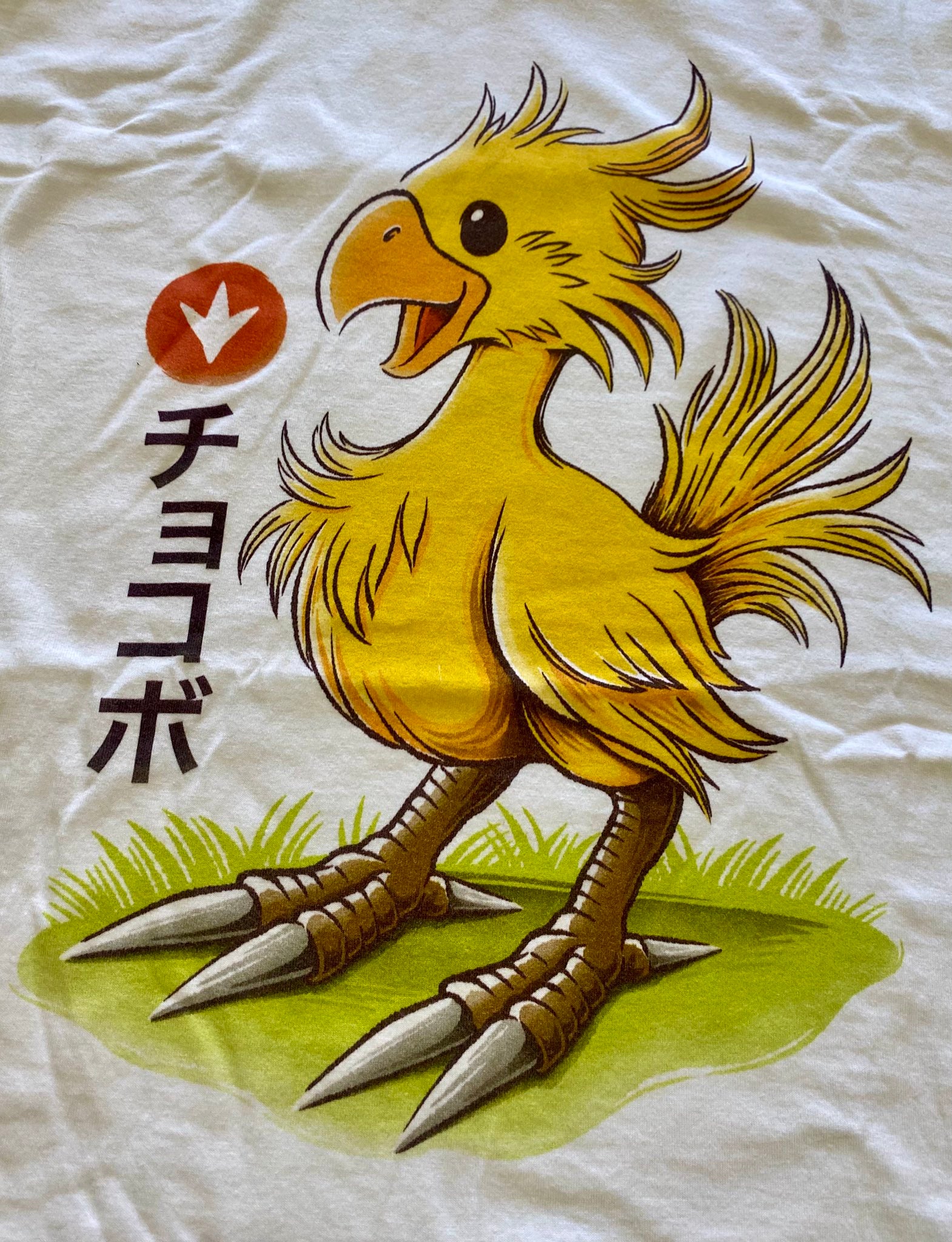 Real printed watercolor Chocobo T-shirt featuring vibrant DTG printing and original artwork by Alundrart