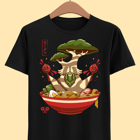 Hestu Korok t-shirt from The Legend of Zelda Breath of the Wild featuring Hestu doing the Shalaka Dance inside a ramen noodle bowl in cute gamer style.