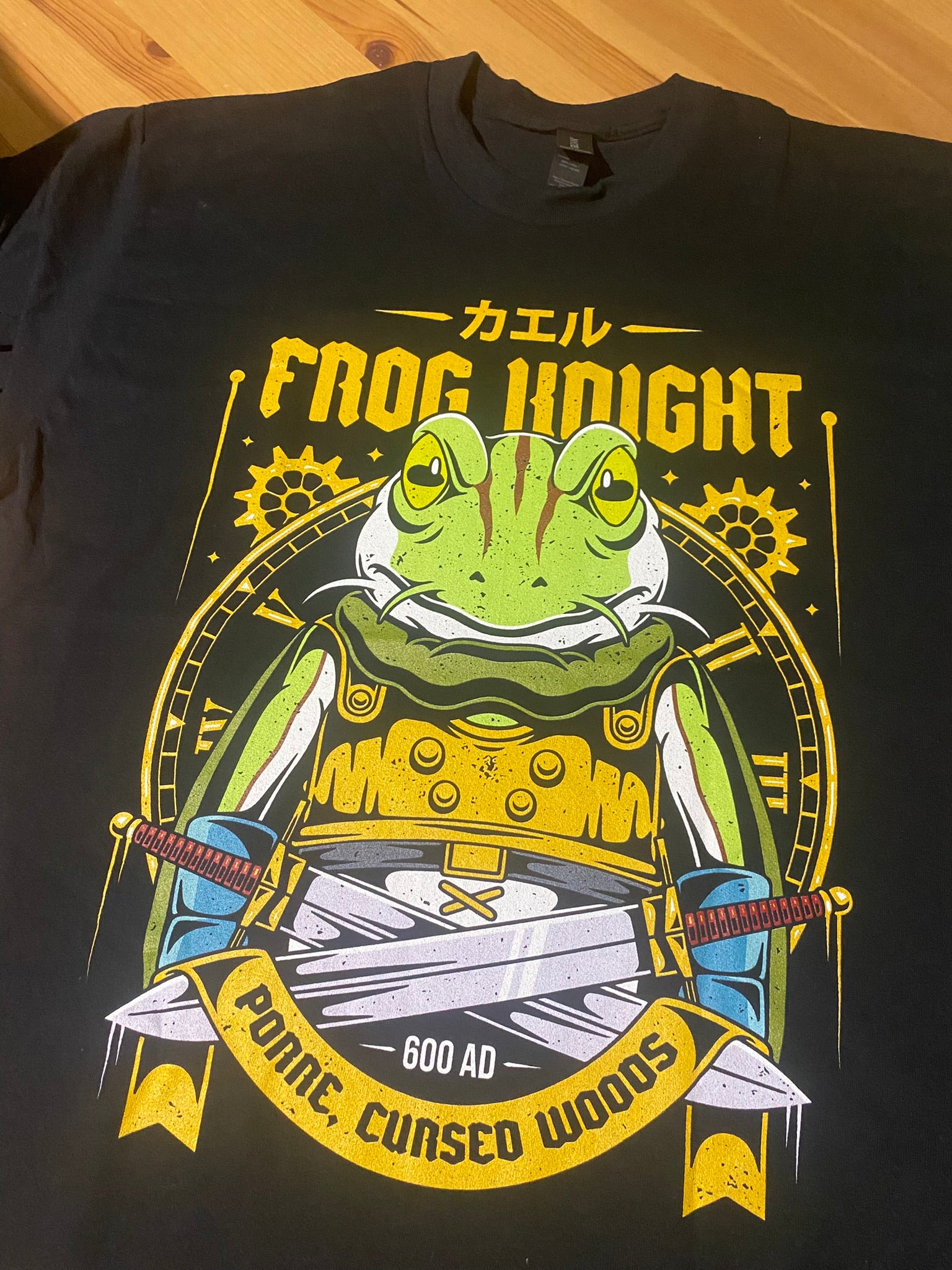 Real printed Glenn Frog Knight Chrono Trigger inspired T-shirt showing sharp DTG print detail and vibrant colors