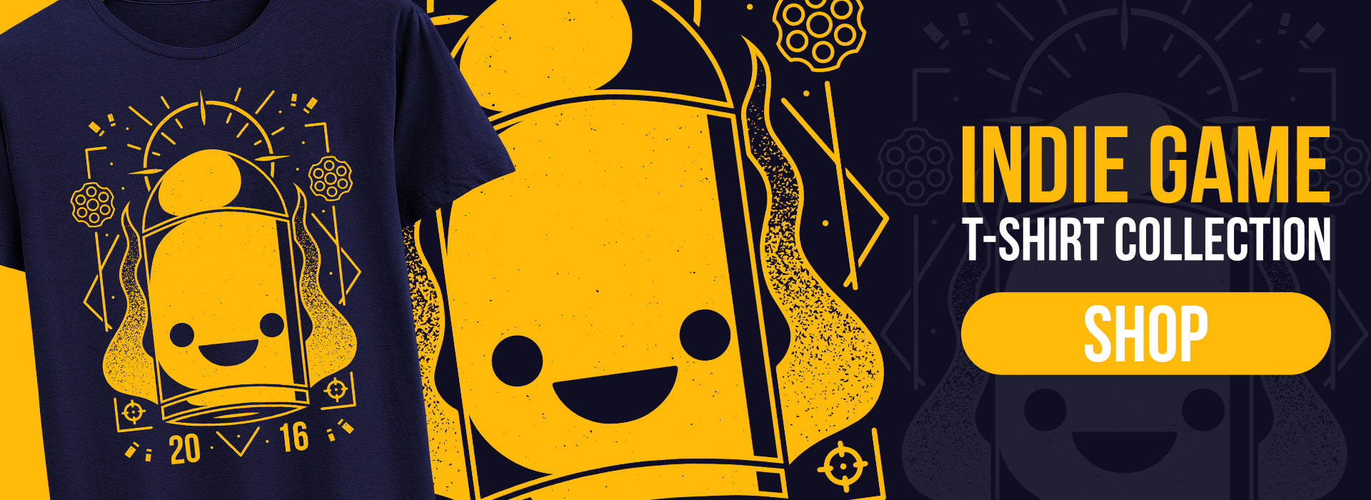 Indie games t-shirt collection featuring original designs inspired by indie titles like Hollow Knight, Enter the Gungeon, Risk of Rain 2, Absolum and more.