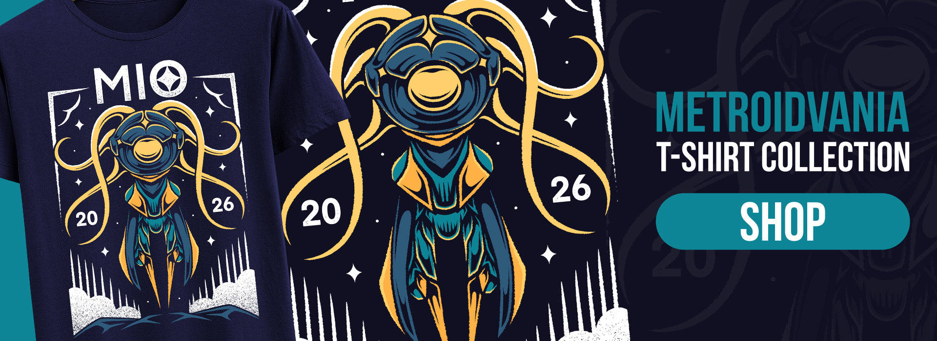 Metroidvania video games inspired t-shirts designs featuring indie game fan art style