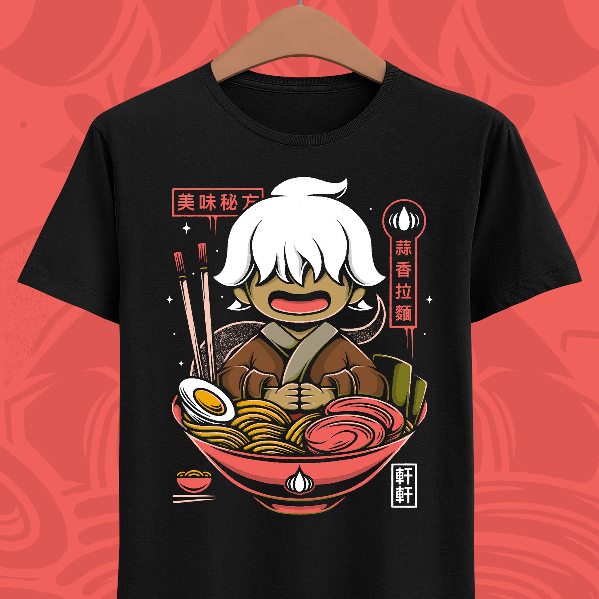 Nine Sols Shuanshuan garlic noodles t-shirt featuring the character inside a ramen style noodle bowl