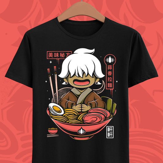 Nine Sols Shuanshuan garlic noodles t-shirt featuring the character inside a ramen style noodle bowl