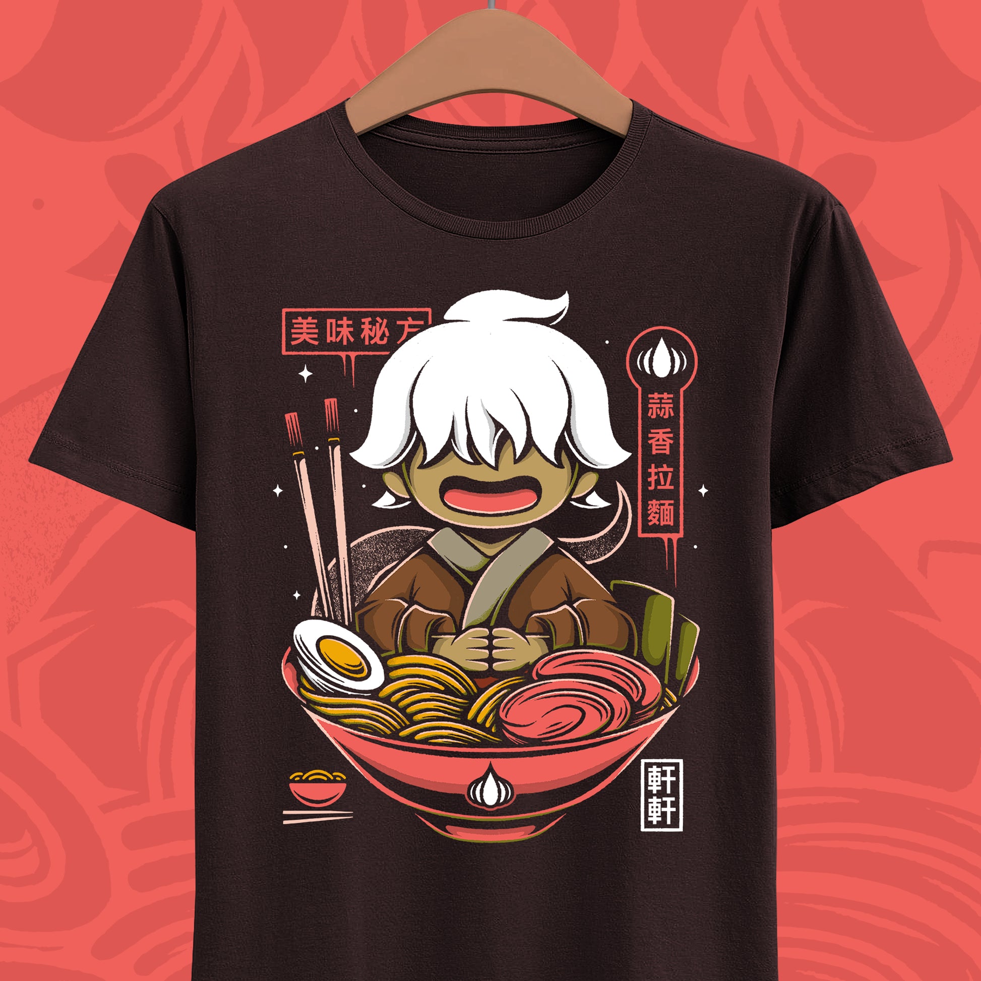 Shuanshuan Nine Sols ramen t-shirt with garlic noodle bowl artwork