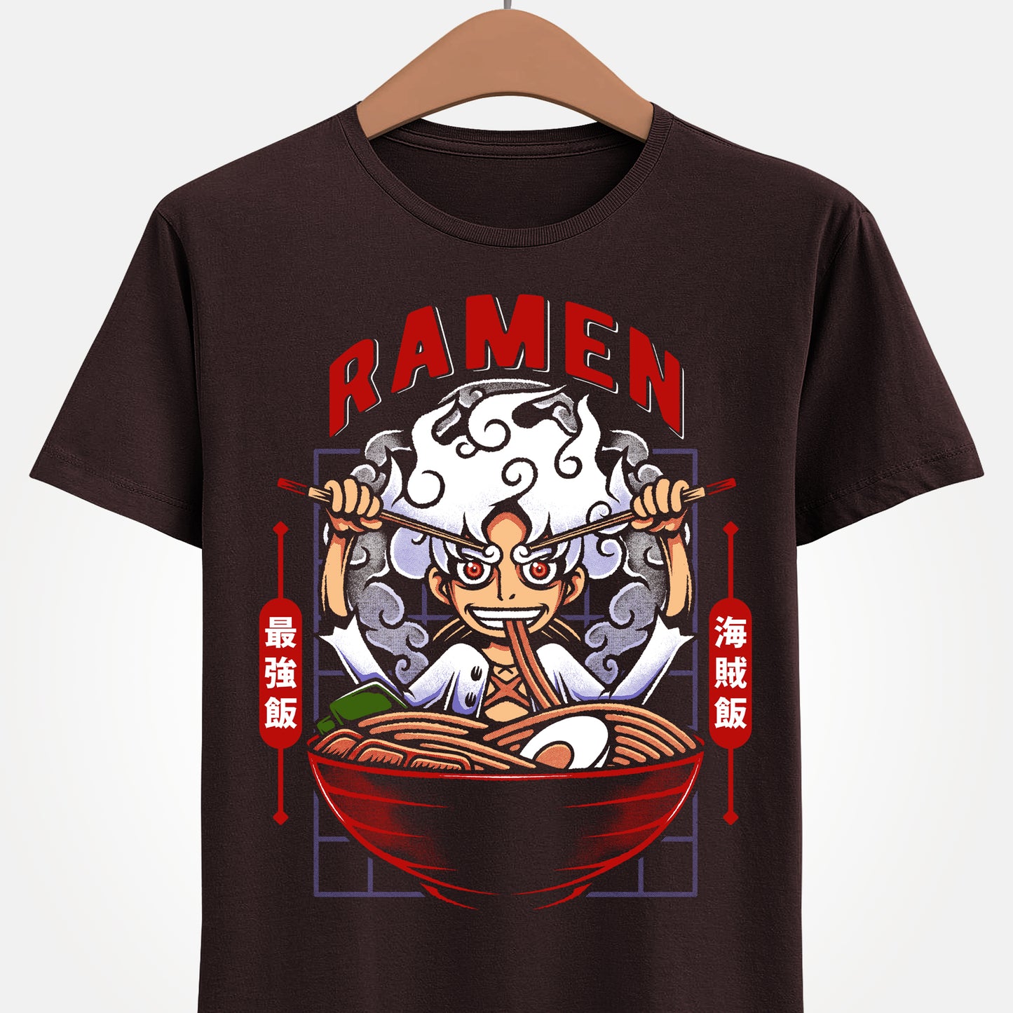 Gear 5 Luffy One Piece ramen t-shirt featuring Sun God Nika inside a Japanese noodle bowl with chopsticks in a foodie anime streetwear design inspired by the Straw Hat Pirates.