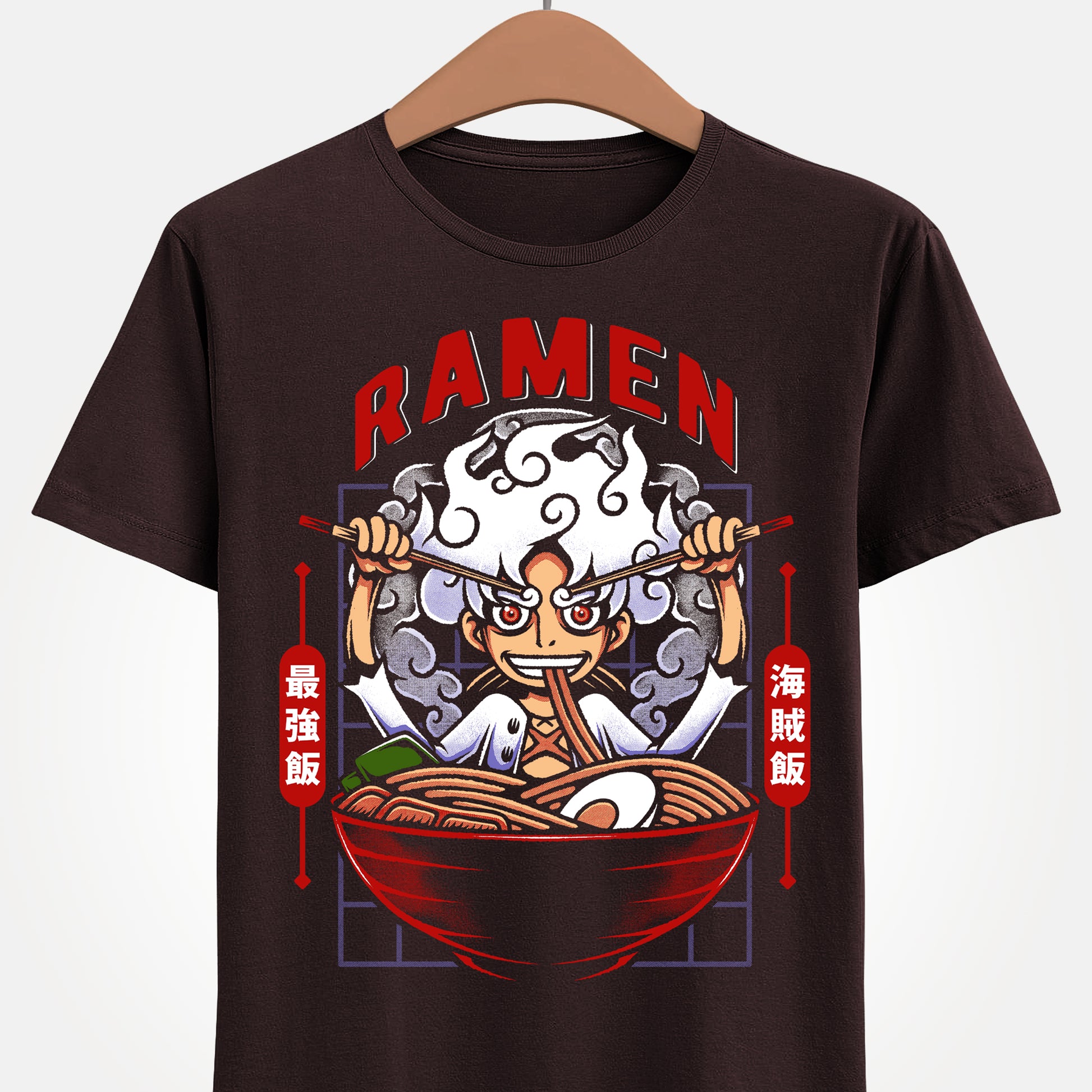 Gear 5 Luffy One Piece ramen t-shirt featuring Sun God Nika inside a Japanese noodle bowl with chopsticks in a foodie anime streetwear design inspired by the Straw Hat Pirates.