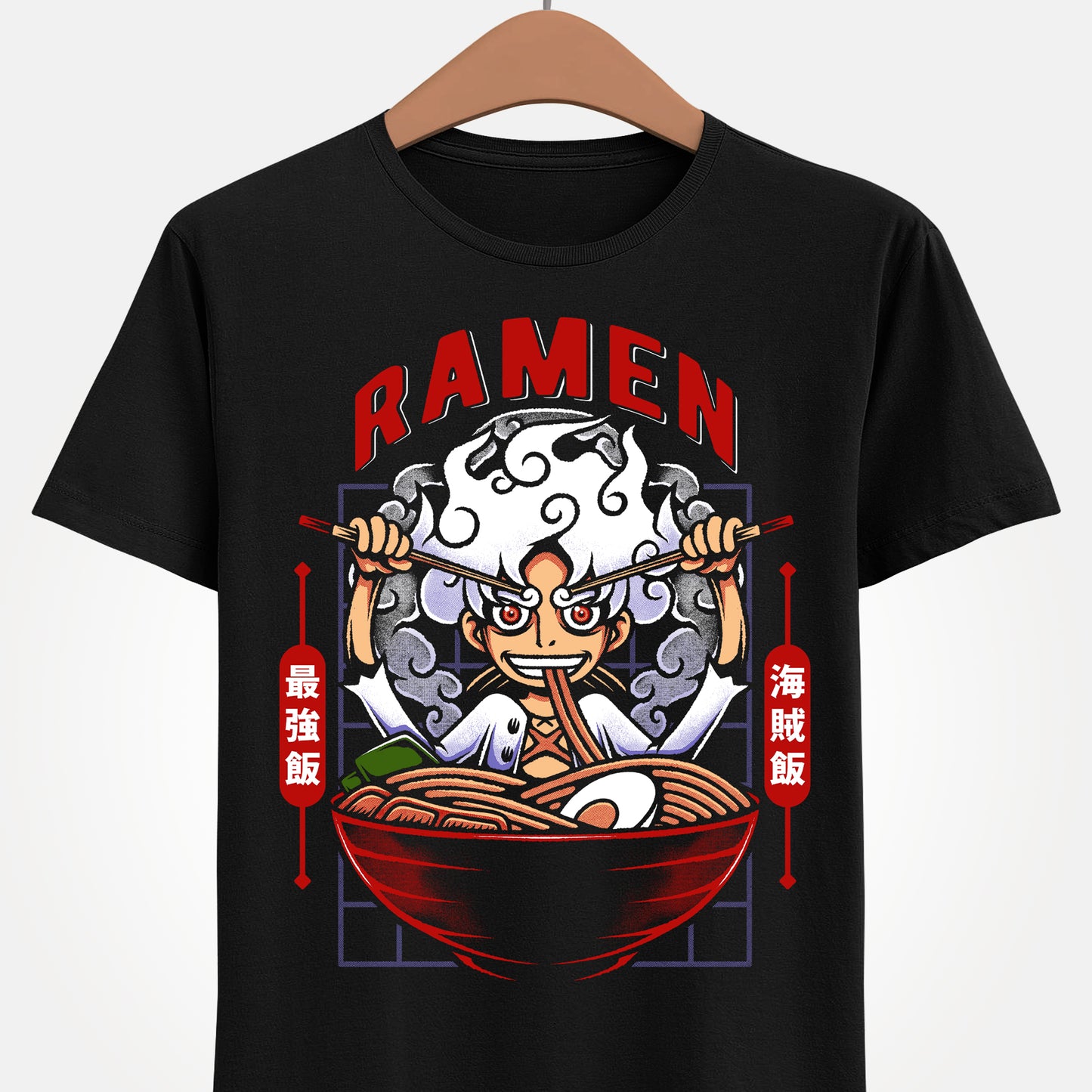 Gear 5 Luffy One Piece ramen t-shirt featuring Sun God Nika inside a Japanese noodle bowl with chopsticks in a foodie anime streetwear design inspired by the Straw Hat Pirates.